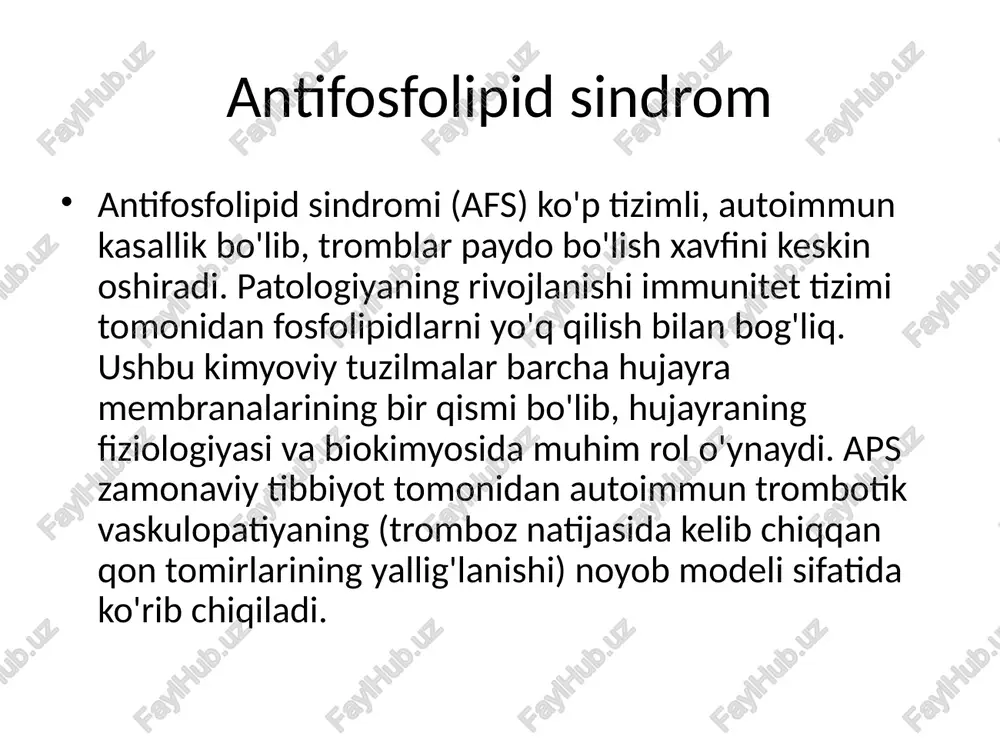 ar; jigar; to'r pardasi; buyrak usti bezlari; bronxopulmoner tizim. bu organlarning ishlashida buzilishlarni ko'rsatadigan ma'lum belgilarga olib keladi. agar asab tizimi ta'sir qilsa, odam rivojlanishi mumkin: insult; migren; eshitish qobiliyatining buzilishi; vizual patologiyalar; ruhiy kasalliklar. miyokard shikastlanganda, klapanlarning shikastlanish xavfi ortadi, bu esa orttirilgan yurak nuqsonlarining shakllanishiga olib keladi. tromboz fonida yurak xuruji xavfi ham ortadi. aps ning teri ko'rinishlari: trofik yaralar; tirnoq ostidagi terida qon ketishi; akrosiyanoz: barmoqlar va oyoq barmoqlari terisining ko`krangi, kichik tomirlarning tiqilib qolishi tufayli lablarning ko`krangi; livedo retikularis (venulalarning kengayishi, kislorod kamaygan qonni to'kadigan kichik tomirlar va kapillyar tromboz natijasida yuzaga kelgan marmar naqsh). aps bilan og'rigan ayollarda homiladorlik juda qiyin. har qanday bosqichda yuqori xavf mavjud: spontan abort; fetoplasental etishmovchilik; gipoksiya tufayli homila rivojlanishining kechikishi. aps tashxisi uchun kamida bitta klinik kriteriya va bitta laboratoriya kriteriyasi bajarilishi lozim: klinik kriteriyalar: bir yoki bir nechta arterial yoki venoz tromboz hodisalari (tasdiqlangan), yoki homiladorlik bilan bog‘liq …