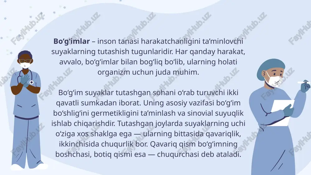 ni pasaytiradi. zamonaviy tekshirish usullari kasallikni dastlabki bosqichidayoq aniqlash imkonini beradi. bu esa samarali davolash va murakkab operatsiyalardan saqlanishni ta’minlaydi. bo‘g‘im kasalliklarini zamonaviy tekshirish qon tahlili esr, crp, revmatoid faktor, anti-ccp antikorpalari bo'g'im kasalliklarining turini va shiddatini aniqlashda katta rol o'ynaydi. sinovial suyuqlik bo'g'imdan olingan suyuqlikning tanasi, fermentlari va kristallarining tahlili infeksiya, artrit va boshqa kasalliklari farqlashga yordam beradi. laboratoriya tekshiruvlari: qon va sinovial suyuqlik laboratoriya ko'rsatkilari kliniko-anamnestik va instrumental tekshiruvlar bilan birgalikda diagnoz qo'yishda muhim rol o'ynaydi. rentgenografiya bo'g'imdagi suyak strukturasidagi o'zgarishlarni, deformatsiyalarni, osteofitlarni va qo'shimcha shakillanishlarni aniq ko'rsatadi. artroza va artriti aniqlash suyak tuzilmasidagi buzilishlar kam xarajat va tezlik klassik diagnostika usuli rentgenografiya uzi bo‘g‘imdagi suyuqlik to‘planishini, bo‘g‘im harakatining buzilishini hamda yumshoq to‘qimalar kasalliklarini bevosita kuzatish imkonini beradi. real vaqtda tekshirish ionlashtiruvchi nur ishlatilmasligi sababli uzi foyidali, xususan bolalar va homilador ayollarni tekshirishda tavsiya etiladi. xavfsiz va atkalli ultratovush tekshiruvi (uzi): shaffof tomografik tasvirlar shiforlarni bemorning dastlabki stadiyada …