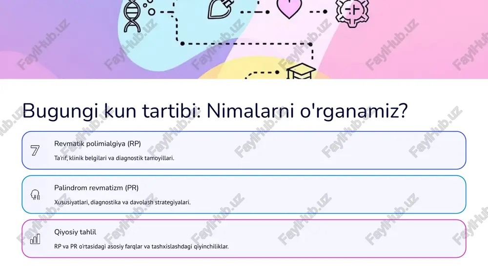 da bir necha kun ichida yo'qoladi. dozani asta-sekin kamaytirish qaytalanishni oldini olish uchun dori dozasi uzoq muddat (odatda 1-2 yil) davomida asta-sekin kamaytiriladi. g'ayri-steroid dorilar ba'zida kortikosteroid dozasini kamaytirishga yordam berish uchun metotreksat kabi immunosupressorlar qo'shilishi mumkin. 5 palindrom revmatizm (pr): tushuncha va xususiyatlar boshlanish og'riq va shish avj olish tugash palindrom revmatizm — artritning kam uchraydigan shakli bo'lib, bo'g'imlarning qisqa muddatli, takrorlanuvchi yallig'lanish xurujlari bilan tavsiflanadi. xurujlar to'satdan boshlanadi va bo'g'imlar shishishi, og'riq va qizarish bilan kechadi. hujumlar orasida bemor butunlay sog'lom bo'lib, hech qanday simptom kuzatilmaydi. aholining taxminan 50% da pr keyinchalik revmatoid artritga (ra) o'tishi mumkin. 6 pr diagnostikasi: qanday aniqlanadi? pr diagnostikasi asosan klinik anamnez va xurujlarining xususiyatlariga asoslanadi, chunki xurujlar orasida yallig'lanish belgilari yo'qoladi. klinik ko'rinish to'satdan va qisqa muddatli artrit (bir necha soatdan bir necha kungacha). xurujlarning o'z-o'zidan yo'qolishi va to'liq remissiya. takrorlanuvchi xarakter (vaqt o'tishi bilan xurujlar tez-tez sodir bo'lishi mumkin). laboratoriya sinovlari …