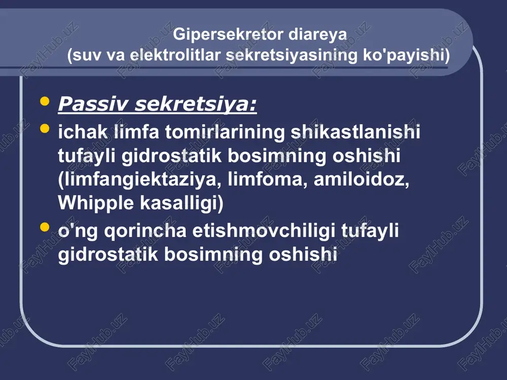 kterial kontaminatsiya sindromi bilan birgalikda) ko'richak sindromi gipereksudativ diareya (ichak bo'shlig'iga suv va elektrolitlarning oqishi) yallig'lanishli ichak kasalliklari (kron kasalligi, yarali kolit) patogenning sitotoksik ta'siri bo'lgan ichak infektsiyalari (dizenteriya, salmonellyoz) ingichka va katta ichakning ishemik kasalligi proteinni yo'qotadigan enteropatiyalar sababli sabablar bakteriyalar: salmonellalar, shigella, yersiniya, stafilokokklar, coli, klostridiya, kampilobakter protozoa: dizenterik amyoba, lambliya, kriptosporidium, izosporidium viruslar: rotaviruslar, adenoviruslar, astroviruslar, kalisiviruslar, norfolk va breda viruslari, oddiy herpes, sitomegalovirus, gepatit a virusi gastrit belgilari ko'ngil aynishi kusish epigastral mintaqada og'riq va sezgirlik hiqichoq enterit belgilari meteorizm umbilikal sohada og'riq va sezgirlik tez-tez, ko'p, suvli axlat najasda hazm bo'lmagan oziq-ovqat qoldiqlari kolit belgilari tez-tez, kam miqdordagi axlat najasdagi shilliq, qon, yiring aralashmasi katta ichakning turli qismlarida og'riq tenesmus (distal kolit) soxta istaklar "to'g'ri ichak tupurish" belgisi - distal kolit sigmasimon ichakning spazmlari va nozikligi (distal kolit) yuqumli-toksik sindrom belgilari bilan gastroenterit salmonellyoz dizenteriya (gastroenterokoli). tic variant) oziq-ovqat bilan bog'liq kasalliklar escherichioz virusli gastroenterit …