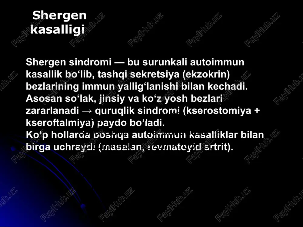 lari — revmatoyid artritga o‘xshash. asosiy triada: 1. kseroftalmiya — ko‘z qurishi, achishish, kon’yunktivit. 2. kserostomiya — og‘iz qurishi, tish kariesi, yutish qiyin. 3. so‘lak bezlarining kattalashuvi — parotitga o‘xshash shish, og‘riqli yoki og‘riqsiz. charchoq, holsizlik, past harorat. teri quruqligi, qichishish. buyrak, o‘pka, jigar, qalqonsimon bez zararlanishi mumkin. uzoq davom etganda limfoma (bezli o‘sma) rivojlanish xavfi ortadi. charchoq, holsizlik, past harorat. teri quruqligi, qichishish. buyrak, o‘pka, jigar, qalqonsimon bez zararlanishi mumkin. uzoq davom etganda limfoma (bezli o‘sma) rivojlanish xavfi ortadi. bosqichlari (rivojlanish ketma-ketligi) bosqich jarayon belgilar i-bosqich (yashirin) autoantitanachalar hosil bo‘la boshlaydi, yengil yallig‘lanish hech qanday aniq belgi yo‘q yoki engil ko‘z quruqligi ii-bosqich (faol) bezlarda limfotsitlar to‘planadi, sekret kamayadi ko‘z va og‘iz quriydi, so‘lak bezlari shishadi iii-bosqich (kech, fibroz) bez hujayralari o‘lib, fibrozlanadi doimiy quruqlik, bez faoliyati yo‘qoladi, boshqa organlar zararlanadi diagnostika 🔹 laborator tekshiruvlar: ana (antinuklear antitanacha) – musbat anti-ssa (ro), anti-ssb (la) – xarakterli rf (revmatoyid faktor) …