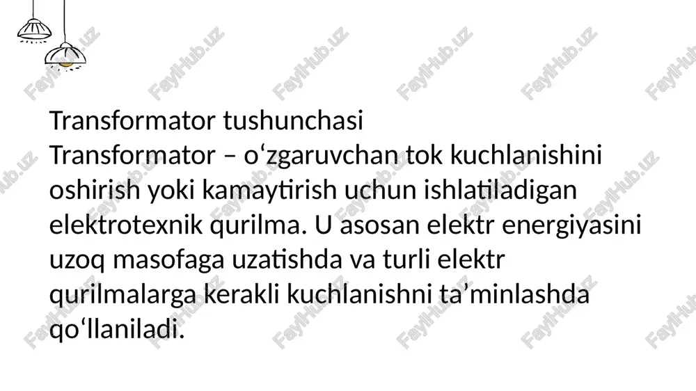 ishonchli quvvat manbaini ta'minlaydi. enter title enter title enter title contents 3.avtotransformator:avtotransformator, shuningdek, avtomatik transformator sifatida ham tanilgan, har ikki tomonning kirish va chiqish bobinlari kabi umumiy lasanga ega. avtotransformatorlar ko'pincha kichik kuchlanish nisbatlarini o'zgartirish kerak bo'lgan ilovalarda, masalan, nazorat qilish davrlari va quvvatni tartibga solishda qo'llaniladi. enter title enter title enter title enter title contents 4. kechiktiruvchi transformator:kechiktiruvchi transformator asosan quvvat tizimidagi kuchlanishning fazaviy munosabatini sozlash uchun ishlatiladi. u kuchlanishni tartibga solish va fazani boshqarishga erishish uchun chokning holatini o'zgartirish orqali chiqish kuchlanishining fazasini o'zgartirishi mumkin enter title enter title enter title enter title contents 5. boshqariladigan transformator:boshqariladigan transformator kirish kuchlanishining tetiklash rejimini boshqarish orqali chiqish kuchlanishini tartibga solishni amalga oshiradi. bu quvvatni tartibga solish va motorni boshqarish kabi doimiy sozlanishi kuchlanish chiqishi talab qilinadigan ilovalar uchun javob beradi transformatorni tanlashda biz quyidagi omillarni hisobga olishimiz kerak: enter title enter title enter title contents 1.kirish va chiqish kuchlanishiga qo'yiladigan …