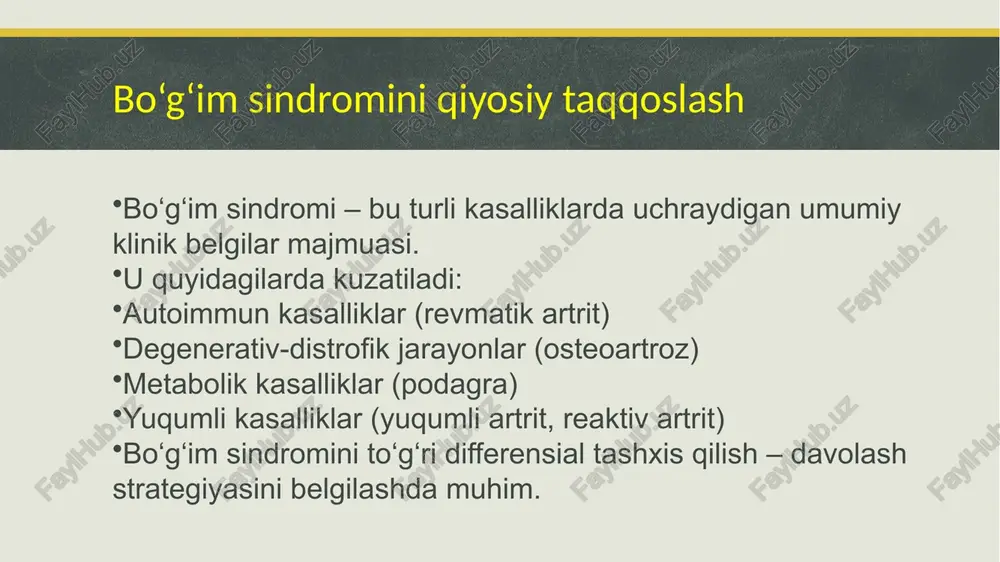 uzilishi → siydik kislotasi↑. ko‘proq erkaklarda uchraydi. klinik belgilari: keskin boshlanadi, kechasi kuchli og‘riq odatda bitta bo‘g‘im (ko‘pincha oyoq bosh barmog‘i) shish, qizarish, issiqlik surunkali shaklida tofuslar (mk kristallari) asorat: podagrik nefropatiya, buyrak toshlari. yuqumli artrit (sepsis, bakterial, virusli, qo‘ziqorinli) infeksiya natijasida bo‘g‘imda yallig‘lanish. klinik belgilari: keskin og‘riq, qizarish, shish isitma, intoksikatsiya bo‘g‘im harakati keskin cheklangan laboratoriya: qonda leykositoz, crb↑; bo‘g‘im suyuqligida mikroblar aniqlanadi. davolash: antibiotiklar, yiring bo‘lsa – drenaj. qiyosiy jadval ko‘rsatkichlar revmatik artrit osteoartroz podagra artriti yuqumli artrit boshlanishi sekin-asta sekin-asta to‘satdan, kechasi keskin, infeksiya fonida shikastlanish turi simmetrik, ko‘p bo‘g‘im katta bo‘g‘imlar, assimetrik odatda bitta bo‘g‘im bitta yoki bir nechta og‘riq xususiyati ertalab kuchli, qotishish bilan harakatda kuchayadi juda kuchli, to‘satdan doimiy, infeksiya bilan bog‘liq qo‘shimcha belgilar revmatik tugunlar osteofit, deformatsiya tofuslar, buyrak zararlanishi isitma, intoksikatsiya laborator ko‘rsatkich rf+, anti-ccp+, soe↑ o‘zgarish yo‘q mk↑ qonda va siydikda leykositoz, mikroblar suyuqlikda rentgen eroziya, bo‘shliq torayishi osteofit, bo‘shliq torayishi …