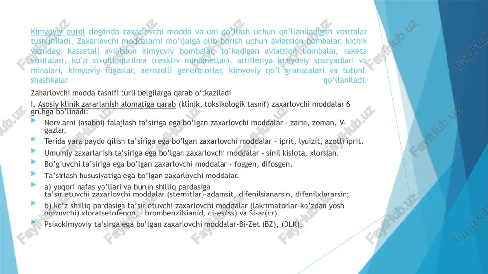 ko’plab odamlar zaxarlanadi. bu guruh zaxarlovchi moddalarga fosfororganik va terida yara paydo qiluvchi zaxarlovchi moddalar kiradi. shuni esda saqlash berkitiladiki, qo’llanilgan zaxarlovchi moddalarning chidamligi ularning faqatgina fizik va kimyoviy xossalariga bog’liq bo’lib qolmasdan, ularni ishlatish usuliga, ob-havo sharoitiga va joylarning relefiga ham bog’liq bo’ladi. zaxarlovchi moddalar o’rmon, daraxtzor, ekin ekilgan joylarda, jarliklarda ochiq joylarga qaraganda 7-10 barobar uzoq saqlanib qoladi; -chidamsiz zaxarlovchi moddalar - bu moddalarning qaynash harorati juda past bo’ladi. zaxarli xossasini ochiq joylarda bir necha daqiqagacha saqlaydi. shuning uchun asosan havoni zaxarlash maqsadida qo’llaniladi. bu moddalar bug’lanib, zaxarli modda aralashgan bulut hosil bo’ladi, bunday bulutlar shamolda uchib, ba’zan 10-15km gacha etib boradi. bu guruhga umumiy zaxarlovchi va bo’g’uvchi zaxarlovchi moddalar kiradi. iv.ta’sir vaqtiga qarab - tez ta’sir qiladigan zaxarlovchi moddalar (nervlarni falaj qiluvchi, umumiy zaharlovchi, ta’sirlovchi, psixokimyoviy zaxarlovchi moddalar). qisqa vaqt davomida ta’sir alomatlari ko’rinadi. sekin ta’sir qiladigan zaxarlovchi moddalar (terida yara paydo qiluvchi, bo’g’uvchi zaxarlovchi moddalar). klinik …