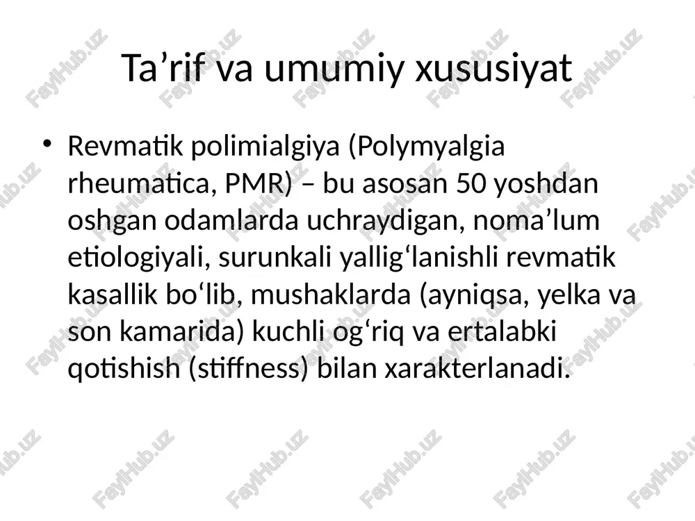 hdan katta, yangi simmetrik yelka/son og‘rig‘ida pmrni o‘ylash kerak foydalanilgan adabiyotlar 1. statpearls — polymyalgia rheumatica. 2. eular/acr 2012 provisional classification criteria (dasgupta et al.). 3. mayo clinic — polymyalgia rheumatica overview. 4. eular/acr guideline summaries & treatment reviews (medscape / eular). 5. reviews on pmr-gca association and tocilizumab studies. image1.jpeg image2.jpeg image3.jpeg image4.jpeg image5.jpeg