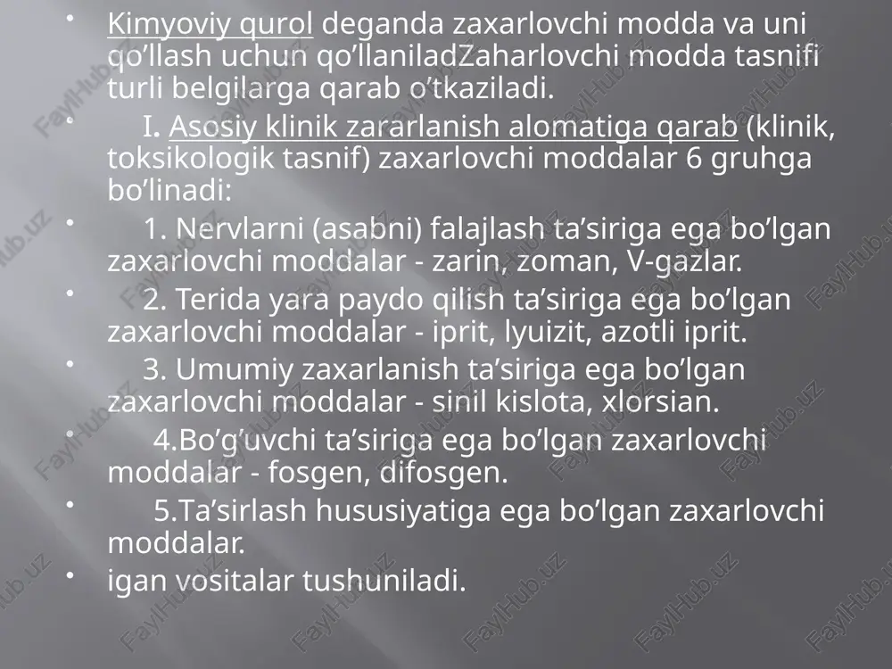 sekin ta’sir qiladigan zaxarlovchi moddalar (terida yara paydo qiluvchi, bo’g’uvchi zaxarlovchi moddalar). klinik alomatlari sekin rivojlanadi. kimyoviy zararlanish o’chog’i deganda ma’lum hudud, shu hududda kimyoviy qurol ta’sirida odamlar, hayvonlar va o’simliklarning ommaviy zararlanishi tushuniladi. nervlarni falajlash ta’siriga ega bo’lgan zaxarlovchi moddalar - hozirgi vaqtda hamma zaxarlovchi moddalar ichida eng kuchli va tez o’limga sabab bo’luvchi modda bo’lib hisoblanadi zaxarlovchi moddaning organizmga tushgan miqdoriga qarab zararlanishning 4 xil darajasi farqlanadi. yengil darajadagi zararlanish - zaxarlovchi moddaning havodagi kontsentratsiyasi kam miqdorda bo’lganda bir necha daqiqadan keyin namoyon bo’ladi. o’rta darajali zararlanish - og’ir kechishi bilan ifodalanadi. yengil darajali zararlanishdagi klinik alomatlarga qo’shimcha ya’ni havo yetishmovchiligi, ko’krak qisilishi alomatlari paydo bo’ladi, hansirash og’ir darajadagi zararlanish - (talvasa-falajlanish shakli) alomatlari kuchli rivojlanishi hamda tez vaqt ichida namoyon bo’lishi bilan ifodalanadi. uzaga keladi. boshlang’ich bosqichda- zaxarlanishning alomatlari kuchli namoyon bo’ladi, umumiy ahvol og’irlashadi, qo’zgalishlar kuchayadi, bosh og’rishi, qo’rqish, umumiy talvasa bosqichida - zararlanganlarning ahvoli yanada …