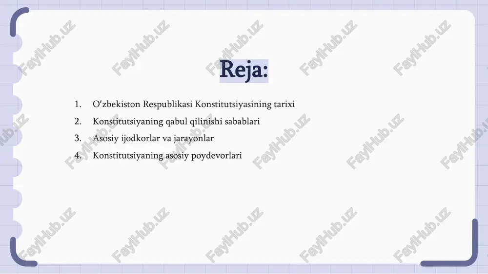 huquqiy asosdir. konstitutsiya qabul qilinishining asosiy sababi oliy hakimiyatni xalqga berish va davlat boshqaruvini demokratlashtirishga xizmat qilishdir. bu o‘zgarishlar yurt rivojiga turtki bo‘ldi. tarixiy ahamiyati, davlat mustaqilligini mustahkamlash va milliy oʻzlikni anglash uchun muhim qadam hisoblanadi. bu yangilanishlar yangi davr boshlanishi bo‘lib xizmat qilmoqda. asosiy ijodkorlar va jarayonlar oʻzbekiston respublikasi konstitutsiyasi muhim huquqiy hujjat bo‘lib, mustaqillik va suverenitet asoslarini belgilaydi, xalqining erkinligini ta’minlaydi. tarixda katta ahamiyatga ega. uni qabul qilish jarayonida milliy va demokratik qadriyatlaintilishlarr inobatga olinib, xalqning tafakkuri va istiqboli uchun muhim qarorlar qabul qilindi. bu mamlakat rivojiga turtki bo‘ldi. asosiy ijodkorlar va jarayonlar islohotlar va konservatsiya bilan birga, yangi qonunlar va mustaqil davlat tamoyillarini ishlab chiqishga yordam berdi. bu tarixiy voqea muhim yutuqdir. konstitutsiyani tayyorlash jarayoni va ishtirokchilar konstitutsiya loyihasi davlat organlari, huquqshunos olimlar, deputatlar va jamiyat vakillarining keng ishtirokida tayyorlandi. maxsus konstitutsiyaviy komissiyalar tuzilib, turli takliflar va obyektiv tahlillar asosida matn shakllantirildi. ushbu jarayon xalqaro tajriba va …