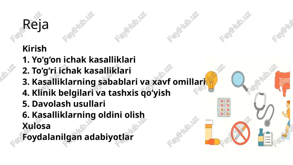 asoratlar keltirib chiqarishi mumkin. shu bois, ularni erta aniqlash, to‘g‘ri tashxis qo‘yish va samarali davolash — zamonaviy tibbiyotning muhim vazifalaridan biridir. 1. yo‘g‘on ichak kasalliklari yo‘g‘on ichak — ovqat hazm qilish tizimining yakuniy bo‘g‘ini bo‘lib, suv va elektrolitlarni so‘rib olish, ichak mikroflorasini muvozanatda saqlash hamda organizmdan chiqindilarni chiqarishga tayyorlash funksiyalarini bajaradi. uning kasalliklari ko‘plab sabablarga ko‘ra yuzaga keladi va turli klinik ko‘rinishlarga ega. 🧬 asosiy kasallik turlari: - kolit — yo‘g‘on ichak shilliq qavatining yallig‘lanishi. o‘tkir va surunkali shakllari mavjud. sabablari orasida infeksiyalar, autoimmun jarayonlar va noto‘g‘ri ovqatlanish bor. - divertikulyoz — ichak devorida kichik cho‘ntaklar (divertikulalar) hosil bo‘lishi. ular yallig‘lanib, divertikulitga aylanishi mumkin. - yo‘g‘on ichak poliplari — shilliq qavatda o‘sib chiqadigan o‘sma shaklidagi tuzilmalar. ba’zilari xavfsiz bo‘lsa-da, ayrimlari saraton kasalligiga aylanishi mumkin. - ichak obstruksiyasi — ichakning mexanik yoki funktsional to‘silishi. bu holat hayot uchun xavfli bo‘lishi mumkin va tezkor tibbiy yordam talab qiladi. ⚠️ belgilari: - qorinda …