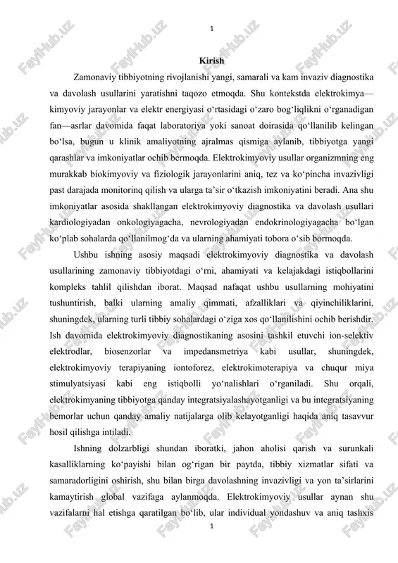 ida aniq tasavvur hosil qilishga intiladi. ishning dolzarbligi shundan iboratki, jahon aholisi qarish va surunkali kasalliklarning ko‘payishi bilan og‘rigan bir paytda, tibbiy xizmatlar sifati va samaradorligini oshirish, shu bilan birga davolashning invazivligi va yon ta’sirlarini kamaytirish global vazifaga aylanmoqda. elektrokimyoviy usullar aynan shu vazifalarni hal etishga qaratilgan bo‘lib, ular individual yondashuv va aniq tashxis qo‘yish imkoniyatlarini sezilarli darajada kengaytiradi. masalan, qon tarkibidagi glukoza yoki ma’lum ionlarning kontsentratsiyasini doimiy monitoring qilish imkonini beruvchi biosenzorlar yordamida bemor o‘z holatini uyda nazorat qilishi va shifokor esa ma’lumotlarni masofadan turib olishi mumkin. bu nafaqat kasalxana yukini kamaytiradi, balki davolash samaradorligini ham oshiradi. shu bilan birga, elektrokimyoviy davolash usullari, xususan, iontoforez yoki elektrokimoterapiya kabi usullar, an’anaviy farmakoterapiyaga muqobil yoki uning samaradorligini oshiruvchi vosita sifatida tobora keng qabul qilinmoqda. bu usullar dori moddalarining to‘g‘ridan-to‘g‘ri zarur to‘qimalarga yetkazilishini ta’minlab, sistemali yon ta’sirlarni kamaytiradi yoki to‘liq yo‘q qiladi. onkologiyada esa elektrokimoterapiya kabi usullar saraton hujayralarini selektiv ravishda yo‘q …