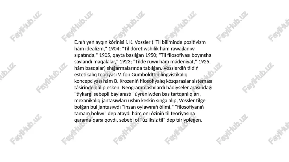 rin bildiriw quralı bolıp xızmet etetuǵın shaxs sózi. til birinshi gezekte baylanıs quralı emes, al bildiriw quralı ekenligin bárqulla atap ótip, vossler "ulıwma til"de tek ǵana "kóplegen ayrıqsha tillerdiń kesilisiw noqatı," "bálkim barlıq yamasa eń bolmaǵanda eń áhmietli, individual lingvistik qollanıwlar" yamasa usıllardıń shama menen jıyındısın kórdi hám "ulıwma lingvistlerdiń ulıwma múmkin bolǵan ruwxıy iskerligi" dep esapladı. tildiń barlıq elementleri óziniń kelip shıǵıwı boyınsha stilistikalıq kórsetiw quralları bolıp, waqıt ótiwi menen grammatikalıq, yaǵnıy ulıwma, jeke bolmaǵan shablonǵa aylanıwı múmkin, eger individual jańalıq "til ruwxı"na sáykes kelse hám sóylewshilerdiń passiv massası tárepinen qabıl etilse. ossler koncepciyasında gumboldt táliymatı bir tárepleme qabıl etilgen; dialektikalıq jantasıw joǵaldı, bunda til tek ǵana bildiriw quralı emes, al baylanıs quralı sıpatında da, tek ǵana iskerlik emes, al tayar "material" sıpatında da túsinilip, tek ǵana individual sóylewdiń emes, al ulıwma til - xalıq tiliniń de bar ekenligi tán alındı. krose filosofiyasının e.ge tásiri. lingvistikalıq háreketti - dóretiwshilik …