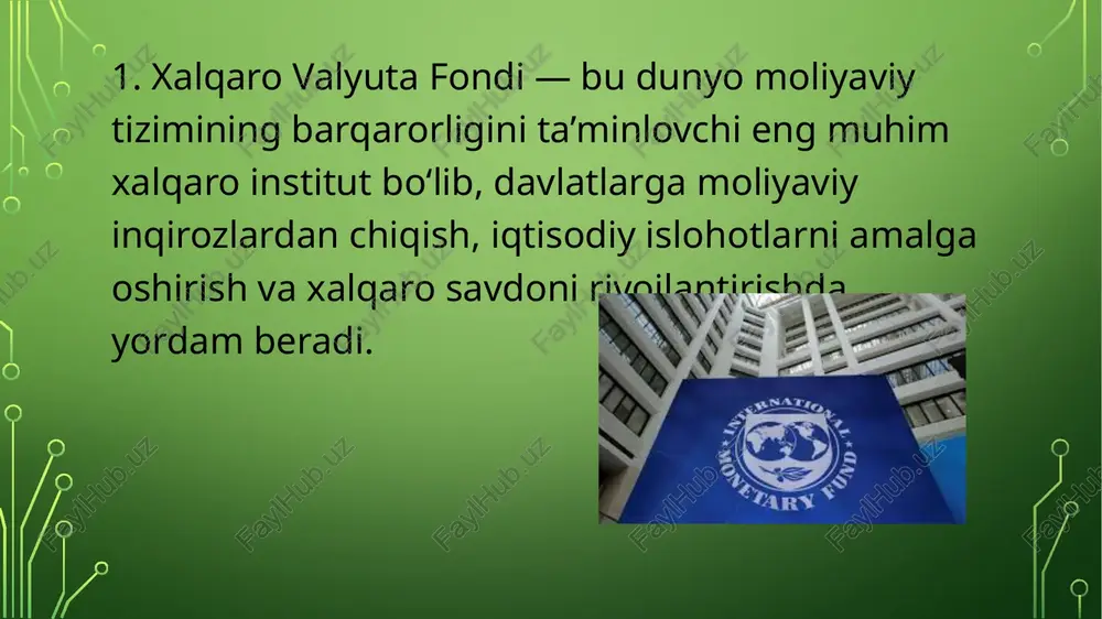 : 1944 yil joylashgan joyi: vashington, aqsh o‘zbekiston: 1992 yildan a’zo xalqaro taraqqiyot assotsiatsiyasi (ida – international development association) tashkil topgan yili: 1960 yil joylashgan joyi: vashington, aqsh o‘zbekiston: 1992 yildan a’zo xalqaro moliyaviy korporatsiya (ifc – international finance corporation) tashkil topgan yili: 1956 yil joylashgan joyi: vashington, aqsh o‘zbekiston: 1993 yildan a’zo investitsiyalarni kafolatlash bo‘yicha ko‘p tomonlama agentlik (miga – multilateral investment guarantee agency) tashkil topgan yili: 1988 yil joylashgan joyi: vashington, aqsh o‘zbekiston: 1993 yildan a’zo investitsion nizolarni hal qilish bo‘yicha xalqaro markaz (icsid – international centre for settlement of investment disputes) tashkil topgan yili: 1966 yil joylashgan joyi: vashington, aqsh o‘zbekiston: 1995 yildan a’zo 3.ebrd — bu yevropa, osiyo va shimoliy afrikadagi 30 dan ortiq davlatlarda faoliyat yurituvchi xalqaro moliyaviy institut bo‘lib, uning asosiy maqsadi — bozor iqtisodiyotiga asoslangan, barqaror, xususiy sektorga tayangan iqtisodiy tizimni rivojlantirishdir. tashkil topgan yili: 1991 yil 📍 markazi (joylashgan joyi): london shahri, …