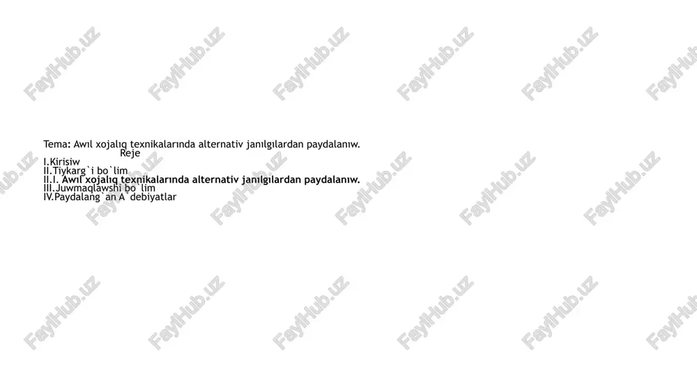 1 jılda 19mln.barrel (2,9 mln.tonna) neftden paydalanıladı hám amerika neft institutı maǵlıwmatları boyınsha 43% neft ónimlerinen avtomobiller ushın jeńil janılǵı sıpatında, 11% - dizel janılgısı sıpatında, 9% - aviaciya janılgısı sıpatında, 16% - may, gudron, plastik sıpatında, 4% - paydalang`an a`debiyatlar i.www.wikipediya.uz ii.www.kibernika.uz iii.www.soff.uz iv.www.unilibrary.uz image1.png image2.png image3.png /docprops/thumbnail.jpeg