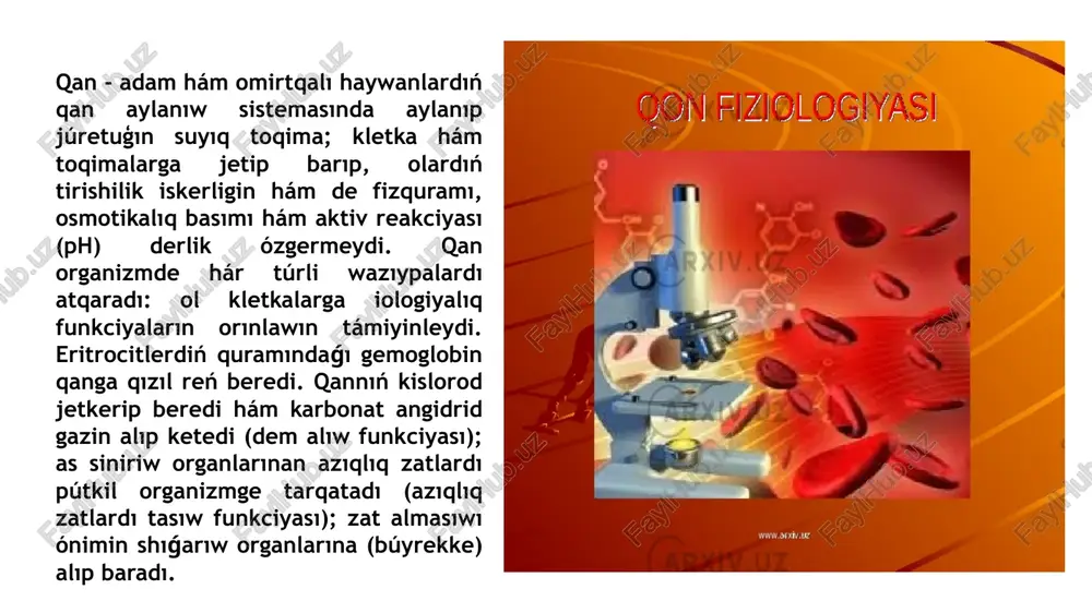 lmasıw ónimleri kiredi. qanda 80-100 mg% ke shekem glyukoza, sonday-aq, glikogen, fruktoza hám az muģdarda glyukozamin boladı. uglevodlar hám beloklardıń almasıw ónimleri (glyukoza hám basqa monosaxaridler, kislotalar, duzlar hám suw) ishek kapillyarlarınan aǵip atırǵan qanǵa sorıladı. glyukozanıń bir bólimi organ hám toqimalarga tarqaladı, basqa bólimi bolsa bawırda glikogenge aylanadı. qandaǵı lipidler aralaspası neytral maylar, yerkin may kislotaları hám olardıń tarqalıw ónimlerinen, yerkin hám baylanısqan xolesterinnen, sonday-aq steroid gormonlarınan ibarat. neytral maylar, glicerin, may kislotaları ishek silekey qabatınan qanǵa biraz sorıladı. qan may emulsiyasın may toqımalarına jetkeredi hám ol jerde rezerv sipatında saqlanadi. qan quramında mineral zatlar (tiykarınan, natriy hám xlor) da bar. organizmniń túrli patologiyalıq jaǵdaylarında (keselliklerinde) qanda bir qatar ózgerisler júz beredi, bul áhmiyetli diagnostikalıq áhmiyetke iye. qannıń dúzilisi, funkciyaları, kesellikleri hám ol menen baylanıslı basqa máselelerdi gematologiya páni úyrenedi. qannıń fizikalıq-ximiyalıq qásiyetleri[edit | edit source] qannıń salıstırmalı massası suwǵa salıstırǵanda biraz úlkenirek - 1,050-1,060 qa teń. qan plazmasınıń …
