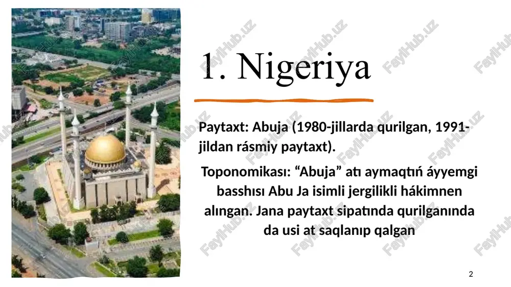 àmleketdegi eñ iri qala bolip esaplanadi. “n’djamena” sòzi arabsha “najmāna” sòzinen kelip shiqqan bolip , mànisi “dem aliw orni”, “dem aliw màkani” degendi bildiredi. 1900-jilda francuz kolonizatorlari tàrepinen tiykar salingan. dàstlep fort- lamy dep atalgan. 1973- jilda chad gàrezsizlikke eriskennen soñ , ati n’djamena dep òzgertirilgen. 8. oar orayliq afrika respublikasiniñ – paytaxtti bangui qalasi bolip esaplanadi. oubangui ( ubangi) dàryasi boyinda, kango demokratik respublikasina jaqin shegarada jaylasqan. 1889-jilda francuz kolonizatorlari tàrepinen àskeriy post sipatinda payda etilgen. bangui qalasinda orayliq afrika universiteti hàm bir neshe ilimiy hàmde màdeniy màkemeler jaylasqan. xalqi shama menen 900 miñnan artiq. “bangui” sòziniñ mànisi “tez aĝislar”, “kùshli aĝislar” degendi añlatadi. 9.kamerun kamerun – màmleketiniñ paytaxtti yaoundé bolip esaplanadi. ol orayliq kamerunda , ekvatorial aymaqqa jaqin , teñiz qàddinen bàlent tawli aymaqda jaylasqan. xalqi 4 millionnan artiq. ( 2025- jil esabina muwapiq).1888- jilda nemis kolonizatorlari tàrepinen tiykar salingan. 1922- jildan berli kamerun paytaxtti bolip kelmekte . …