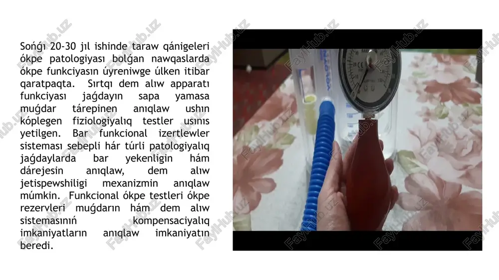 ómenirek óts ge iye. ókpeniń kólemine tásir etiwshi fizikalıq aktivlik dárejesi, kókirek quwıslıǵınıń deformaciyası hám dem alıw kesellikleri bar. ókpeniń tirishilik sıyımlıǵın shtange sınaması, ganche sınaması, spirometriya, spirogramma, safran testi, pnevmatakometriya hám pleytismografiya usılları járdeminde anıqlaw múmkin. salamat turmıs tárizine ámel etip, sport penen shuǵıllanıwshılarda ókpeniń tirishilik sıyımlıǵı joqarı boladı. ókpeniń tirishilik sıyımlıǵı jınıs, jas, boy hám fizikalıq rawajlanıwına baylanıslı boladı. usı maqala barlıq ókpe sıyımlıqları hám ókpe kóleminiń táriyplerin úyrenbeydi, al ókpe kólemin ólshew usılların táriyipleydi hám ótsnıń klinikalıq áhmiyetin dodalaydı. waqit birligi ishinde ókpeden ótken hawanıń muģdarı ókpe ventilyaciyası dep ataladı. ókpe ventilyaciyasınıń nátiyjeliligi dem alıwdıń tereńligi hám muǵdarına baylanıslı. 1;1,3 qatnasın quraydı. ókpe ventilyaciyasınıń minutlıq kólemi 6 l ǵa teń dep alınadı. óts anıqlawdıń birneshe usılları keltirilgen:1.shtange sınaması - bunda tekseriliwshi tereń dem alıp, dem alıw procesin toqtatadı. bul jaǵdayda qol menen murnın qısadı, dem almastan qanshaǵa shekem tura alıwı anıqlanadı. ádette shuǵıllanbaǵan adamlarda bul 40-60 sekund, …