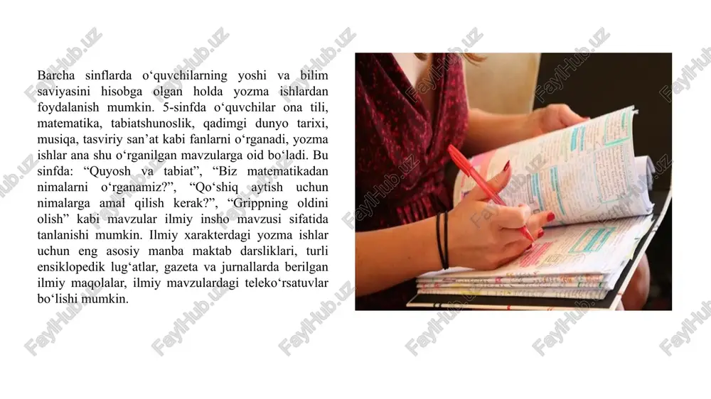 2. yozma ish – yozma shaklda bajarilgan ijodiy matnlar (insho, ijodiy bayon), tinglab tushunish, xotira kuchini belgilash, tafakkur darajasi va fikrni yozma tarzda bayon etish ko‘nikmasini aniqlashga qaratilgan (bayon), so‘zma-so‘z tinglash va ayni tarzda yozma nutqda aks ettirish, imlo me’yorlariga amal qilish darajasini bilishga mo‘ljallangan (diktant) matnlar. ilmiy xarakterdagi ishlar uchun yozma ish, ijodiy ishlar uchun insho termini xoslangan. yozma tarzda bajariladigan intervyu, reportaj, maqola, xabar, annotatsiya, konspekt, rasmiy ish qog‘ozlari, taqriz kabilar maqsadi, ta’lim jarayoni baholash tizimida foydalanilmasligi hamda topshiriq sifatida berilmasligi turadi. kishilarning o‘z fikrlarini bayon qilish, o‘zaro fikr almashish, hissiyotlarini, ma’lumotlarni ifodalash jarayoni nutqdir. nutq og‘zaki va yozma shakllarda ifoda etiladi. nutq ichki va tashqi ko‘rinishlarga ega. ichki nutq inson tafakkuridagi jarayon bo‘lib, miyadagi nutq mexanizmi faoliyatining dastlabki mahsulidir. ichki nutq fikr-o‘y bilan ko‘p hollarda qorishiq holda shakllanadi. ichki nutq og‘zaki va yozma nutqning asosi sifatida xizmat qiladi. shuning uchun til va adabiyot ta’limi jarayonida ichki nutqni …