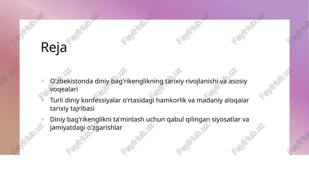 ularning jamiyatdagi ta'siri 01 diniy siyosatlar o'zbekistonning diniy bag'rikenglikni ta'minlashdagi siyosatlari, diniy erkinlikni qonunchilik bilan mustahkamlash va diniy muassasalarni qo'llab-quvvatlashga qaratilgan. 02 madaniy hamkorlik diniy o'zaro tushunishni rivojlantirish uchun madaniy va ta'lim loyihalari amalga oshirilgan, bu esa diniy tartibsizliklarning oldini olishda muhim rol o'ynadi. 03 ijtimoiy o'zgarishlar siyosatlarning jamiyatdagi ijobiy ta'siri, diniy tolerantlik va madaniy birdamlikni mustahkamlashga yordam berdi, bu esa umumiy barqarorlikni ta'minladi. o'zbekistonda diniy hamkorlikning tarixiy asoslari va rivojlanishi 1 diniy madaniy meros o'zbekistonda diniy hamkorlikning asosiy poydevori, asrlar davomida turli konfessiyalar o'rtasidagi madaniy va diniy aloqalar rivojlangan. bu meros milliy identitet va diniy bag'rikenglikni mustahkamlashda muhim ahamiyat kasb etadi. 2 tarixiy hamkorlik shakllari o'zbekistonda diniy hamkorlik tarixiy davrlarda savdogarlik, madaniy almashinuv va diniy muqaddas joylar orqali shakllangan. bu jarayonlar diniy tushuncha va tinchlikni rivojlantirishga xizmat qilgan. 3 siyosiy va ijtimoiy rivojlanish o'zbekistonda diniy hamkorlikni ta'minlash uchun qabul qilingan siyosatlar va qonunchiliklar, diniy erkinlikni kengaytirib, madaniyat va jamiyatda …