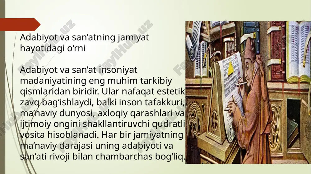 asarlari o‘z davrining madaniy yuksalishiga asos bo‘lgan. ijtimoiy tarbiya vositasi sifatida adabiyot va san’at yosh avlodni tarbiyalashda ham o‘ta muhim o‘rin tutadi. ular orqali inson: ezgulikka, mehnatsevarlikka, vatanparvarlikka o‘rganadi; axloqiy qadriyatlarni o‘zlashtiradi; o‘zini jamiyat a’zosi sifatida his qiladi. badiiy asarlarda tasvirlangan ijobiy obrazlar (masalan, fidoyi, sadoqatli, mehnatsevar qahramonlar) yoshlarning ongida ijobiy fazilatlarni shakllantiradi, salbiy obrazlar esa yomon illatlardan ogohlantiradi. ular ilgari surgan g‘oyalarning ta’sirchanlik xususiyati adabiyot va san’atdagi g‘oyalar ta’sirchan bo‘lishining sababi — ular so‘z, musiqiy ohang, tasvir, harakat kabi hissiy vositalar orqali inson ongiga bevosita ta’sir etadi. badiiy asar yoki san’at asari inson qalbini larzaga soladi, his-tuyg‘ularini uyg‘otadi. shu orqali insonni o‘ylashga, tahlil qilishga, xulosa chiqarishga undaydi. bu ta’sirchanlik ularni ijtimoiy ong va tarbiyada eng samarali vositaga aylantiradi. demak, adabiyot va san’at: jamiyatning ijtimoiy ongini shakllantiradi; madaniyatni boyitadi; ijtimoiy tarbiyada muhim rol o‘ynaydi; insonning ma’naviy kamolotini ta’minlaydi. ular ilgari surgan g‘oyalar inson qalbiga chuqur kirib borib, hayotga, jamiyatga va …