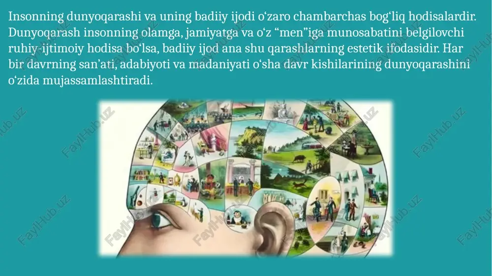 haqiqatni estetik shaklda ko‘rsatish jarayonini mujassamlashtiradi. har bir ijodkorning asarida uning dunyoqarashi, hayotiy tajribasi, e’tiqodi va hissiy dunyosi aks etadi. ijodkor — bu o‘z davrining eng sezgir insonidir. u jamiyatdagi o‘zgarishlarni, ijtimoiy muammolarni, inson ruhiyatini chuqur his etadi va buni badiiy obrazlar orqali ifoda etadi. shuning uchun ijodkorning dunyoqarashi keng, falsafiy va estetik jihatdan yetuk bo‘lishi zarur. tasavvur va fantaziya badiiy ijodning ajralmas qismi hisoblanadi. ijodkor real voqelikdan kelib chiqib, uni badiiy tahlil qiladi, qayta ishlaydi, unga ramziy va majoziy mazmun beradi. shu jarayonda inson tafakkuri yangi g‘oyalarni yaratadi, bu esa madaniyat taraqqiyotini ta’minlaydi. badiiy ijod jamiyat taraqqiyotining muhim omilidir. san’at asarlari orqali insonlar o‘z tarixini, urf-odatlarini, qadriyatlarini anglaydi. adabiyot, musiqa, teatr, kino orqali jamiyat ma’naviy yuksaladi, axloqiy mezonlar mustahkamlanadi. san’at inson dunyoqarashini shakllantiradi, kengaytiradi va boyitadi. shu bilan birga, dunyoqarash san’atga mazmun baxsh etadi. masalan, sharq falsafasi bilan yo‘g‘rilgan ijodda ruhiy poklik va insonparvarlik g‘oyalari ustuvor bo‘lsa, g‘arb san’atida …