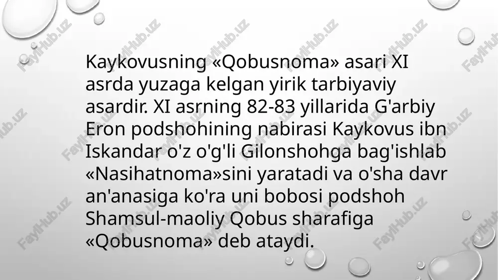 ondan, aql bilan boy bo'lgon yaxshirokdur, nedinkim, aql bilan mol jam etsa bular ammo mol bilan akl urganib bulmas. bilgil, akl bir moldurki, uni ugri olmas, u utda yonmas,suvga oqmas » - deb ta'riflar ekan, inson adabi xam aqlning belgisi («al -adab-suratil aql») deya xulosa chiqaradi. kaykovus javonmardlik tarbiyasi haqida asarning eng oxirgi bob qirq to'rtinchi bobda so'z yuritadi. u odamlarning xislatlarini uch xilga bo'ladi: biri aql, biri rostlik va yana biri javonmardlikdir. javonmardlikni asosini kaykovus uch narsada deb biladi. birinchisi, aytgan so'zning ustidan chiqish, ya'ni rostlik; ikkinchisi rostlikka xilof qilmaslik; uchinchisi, insonparvarlik, xayr ishini ilgari tutish1. ey farzand, u agar sen juvonmardlardek harakat qilmoqtilasang, dastlab juvondmardlik nima ekanligin va uning qandog' paydo bo'lurin aniq bilgil. bilgilki, odam uch xil sifatga egadur. barcha shaxs u xoh dono, xoh nodon bo'lsin, shu uch narsa bila xushnuddur. bu uch narsaning biri akl, biri rostlik va biri javonmardlikdir. xalqnnig da'vosigahaqiqat ila qarasang, hech …