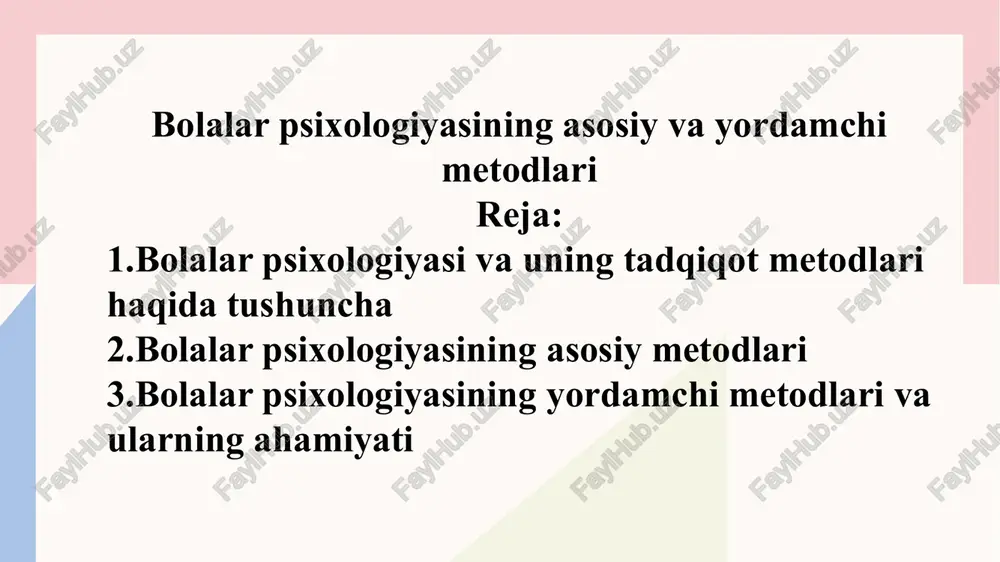 i muloqot orqali ularning fikrlarini, hissiyotlarini, dunyoqarashini bilish vositasi hisoblanadi. suhbatda psixolog bolaning yosh xususiyatlarini inobatga olib, ochiq, ishonchli muhit yaratadi. ushbu metod ko‘proq bolalarning ichki motivlarini va o‘zini anglash darajasini aniqlashga xizmat qiladi. eksperiment — bolalar psixologiyasida eng ilmiy asoslangan metodlardan biridir. u maxsus sharoitlarda psixik jarayonlarni o‘rganish imkonini beradi. eksperimentlar tabiiy yoki laboratoriya sharoitida o‘tkazilishi mumkin. misol uchun, bola diqqatining barqarorligi, xotirasining hajmi yoki tafakkur jarayonining tezligi shu usulda aniqlanadi. test metodi yordamida bolaning individual psixologik xususiyatlari, intellekt darajasi, temperament tipi, iqtidor va qobiliyatlari aniqlanadi. testlar standartlashtirilgan savollar yoki topshiriqlardan iborat bo‘lib, natijalar statistik jihatdan qayta ishlanadi. bu metod bolaning hayotiy yo‘lini, oila muhiti, tarbiyaviy sharoit va ta’lim muassasalari ta’sirini tahlil qilish orqali psixik rivojlanishini o‘rganadi. ko‘pincha ota-onalar, o‘qituvchilar va bola haqidagi hujjatlar asosida amalga oshiriladi. yordamchi metodlar asosiy metodlarni to‘ldiradi va ularning natijalarini chuqurlashtiradi. bu metodlar orasida hujjatlar tahlili, sotsiometriya, anketa, test so‘rovlari, kuzatuv jurnallari kabi usullar …