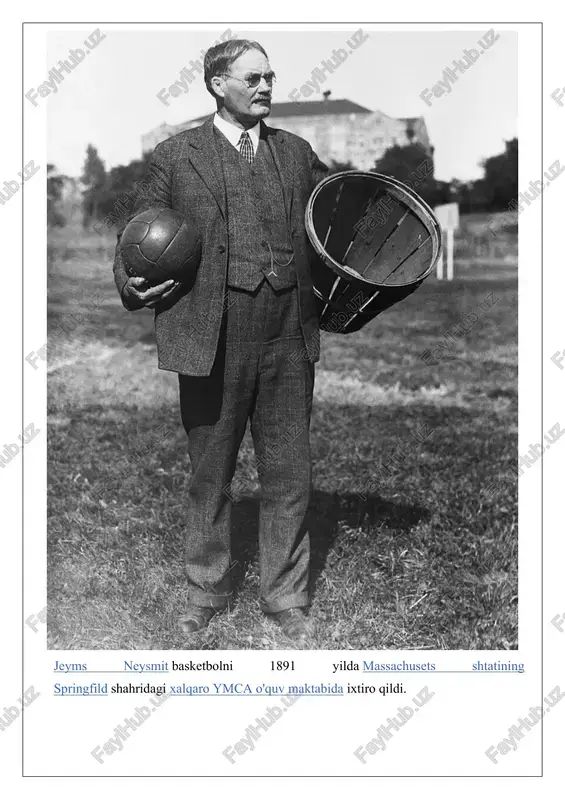 tekstda shakllangan. basketbolning yaratilish tarixi (jeyms neysmit faoliyati) basketbol o‘yini rasman 1891-yil 21-dekabrda aqshning massachusets shtatidagi springfild kollejida paydo bo‘ldi. bu voqea kanadalik jismoniy tarbiya o‘qituvchisi va sport nazariyotchisi jeyms neysmitning faoliyati bilan chambarchas bog‘liq. neysmit 1861-yilda kanadaning almont shaharchasida tug‘ilgan bo‘lib, yoshligidan sportga qiziqib, futbol, regbi va gimnastika kabi turli jismoniy mashqlar bilan shug‘ullangan. u 1887-yilda toronto universitetini tamomlagach, 1890-yilda springfilddagi xalqaro yoshlar xristian assotsiatsiyasi (ymca) kollejiga o‘qituvchi sifatida ishga kirdi. bu davrda amerika ta’lim tizimida jismoniy tarbiya muhim o‘rin egallay boshlagan edi, ammo qish mavsumida talabalar uchun ochiq havoda mashqlar o‘tkazish imkoni cheklangan. kollej rahbari luther gulik neysmitdan talabalarni qiziqtiruvchi va xavfsiz ichki sport turi yaratishni so‘radi, chunki mavjud o‘yinlar – masalan, amerika futboli yoki regbi – jarohatlar xavfini oshirardi.neysmit bu topshiriqni jiddiy qabul qilib, o‘zining tajribasiga asoslanib, yangi o‘yinni ishlab chiqishga kirishdi. u 18 ta mavjud sport turini tahlil qildi: ularning qaysi xususiyatlari talabalar uchun mos kelishini …