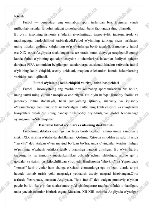 shirish uchun ishlatilgan, ammo qat’iy qoidalar va tizimli tashkilotchilikdan yiroq edi. hindistonda "kho-kho" va yaponiyada "kemari" kabi o‘yinlar ham shunga o‘xshash elementlarga ega bo‘lgan, ularda to‘pni havoda ushlab turish yoki maqsadga yetkazish asosiy maqsad hisoblangan.o‘rta asrlarda yevropada, xususan angliyada, "folk futbol" deb atalgan ommaviy o‘yinlar paydo bo‘ldi. bu o‘yinlar shaharlararo yoki qishloqlararo raqobat sifatida o‘tkazilgan, unda yuzlab odamlar ishtirok etgan. masalan, xii-xiii asrlarda angliyada o‘ynalgan o‘yinlarda ikki guruh o‘rtasida chegaralar belgilab, to‘pni raqibning chegarasiga yetkazish maqsad qilingan. biroq, bu o‘yinlar juda xavfli va tartibsiz bo‘lgan: qoidalar yo‘q, jarohatlar va hatto o‘lim holatlari tez-tez uchragan. qirol edvard ii 1314-yilda futbolni taqiqlagan farmon chiqargan, chunki u shaharlarning tartibini buzgan va ekinzorlarni vayron qilgan. shu bilan birga, bu o‘yinlar jamiyatdagi ijtimoiy ziddiyatlarni chiqarish va bayramona ruhni oshirish vositasi bo‘lgan, bu esa futbolning keyingi rivojida muhim rol o‘ynagan.xviii-xix asrlarda futbolning shakllanishi angliyaning elit maktablari va universitetlarida tezlashdi. oksford va kembrij universitetlarida talabalar turli maktab …
