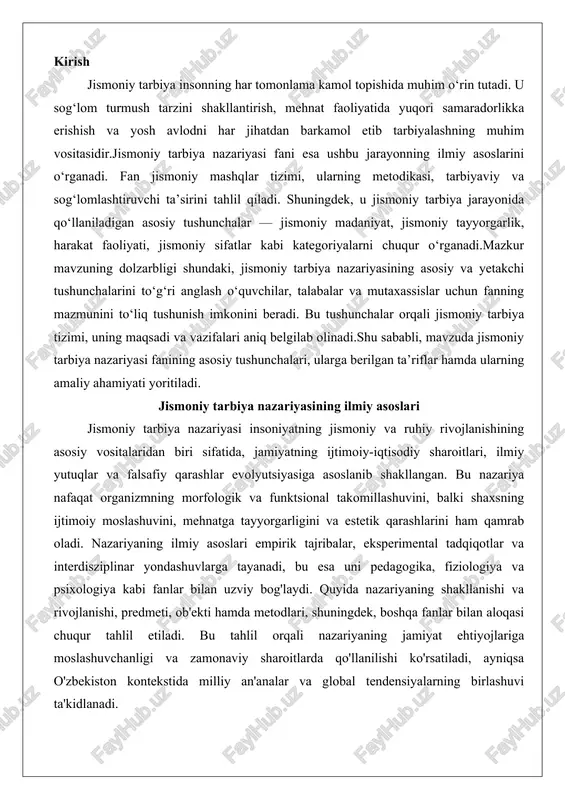 ogika, fiziologiya va psixologiya kabi fanlar bilan uzviy bog'laydi. quyida nazariyaning shakllanishi va rivojlanishi, predmeti, ob'ekti hamda metodlari, shuningdek, boshqa fanlar bilan aloqasi chuqur tahlil etiladi. bu tahlil orqali nazariyaning jamiyat ehtiyojlariga moslashuvchanligi va zamonaviy sharoitlarda qo'llanilishi ko'rsatiladi, ayniqsa o'zbekiston kontekstida milliy an'analar va global tendensiyalarning birlashuvi ta'kidlanadi. jismoniy tarbiya nazariyasining shakllanishi va rivojlanish bosqichlari jismoniy tarbiya nazariyasining shakllanishi va rivojlanishi insoniyat tarixining eng qadimiy davrlaridan boshlanib, empirik tajribalardan ilmiy fan sifatiga o'tishgacha bo'lgan murakkab jarayonni o'z ichiga oladi. bu bosqichlar jamiyatning ijtimoiy tuzilishi, iqtisodiy sharoitlari va texnologik taraqqiyotiga bog'liq ravishda evolyutsiyalashgan bo'lib, har biri oldingisining muammolarini hal qilib, yangi imkoniyatlarni ochgan. birinchi bosqich – empirik bilimlar davri (ibtidoiy jamiyatlar) – jismoniy faollikning tabiiy shakllanishi sifatida qaraladi. bu davrda ovchilik, quvish va omon qolish uchun zarur bo'lgan harakatlar orqali jismoniy tayyorgarlik avloddan-avlodga o'tkazilgan. masalan, qadimiy qabilalarda yugurish, sakrash va uloqtirish kabi harakatlar nafaqat kuch-quvvatni oshirish, balki ijtimoiy ierarxiyani mustahkamlash vositasi …