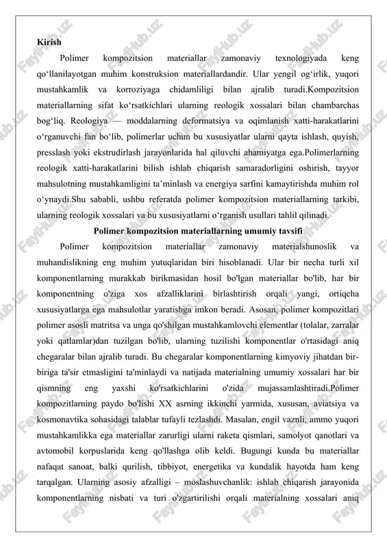 g yaxshi ko'rsatkichlarini o'zida mujassamlashtiradi.polimer kompozitlarning paydo bo'lishi xx asrning ikkinchi yarmida, xususan, aviatsiya va kosmonavtika sohasidagi talablar tufayli tezlashdi. masalan, engil vaznli, ammo yuqori mustahkamlikka ega materiallar zarurligi ularni raketa qismlari, samolyot qanotlari va avtomobil korpuslarida keng qo'llashga olib keldi. bugungi kunda bu materiallar nafaqat sanoat, balki qurilish, tibbiyot, energetika va kundalik hayotda ham keng tarqalgan. ularning asosiy afzalligi – moslashuvchanlik: ishlab chiqarish jarayonida komponentlarning nisbati va turi o'zgartirilishi orqali materialning xossalari aniq sozlanishi mumkin. shu bilan birga, polimer kompozitlar ekologik jihatdan ham qulay, chunki ular qayta ishlanishi oson va chiqindilarni kamaytiradi. umuman olganda, bu materiallar an'anaviy metall va keramika o'rnini bosib, texnologik taraqqiyotning asosiy omillaridan biriga aylandi. ularning rivojlanishi nanotexnologiyalar va yangi polimer sintezlarining integratsiyasi bilan yanada chuqurlashmoqda, bu esa kelajakda yanada samaraliroq qo'llanilishga zamin yaratadi. polimer kompozitsion materiallarning tarkibi va turlari polimer kompozitsion materiallarning tarkibi murakkab va ko'p qatlamli bo'lib, asosan ikki asosiy qismdan – matritsa va …