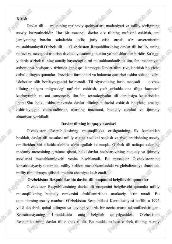 vchi qonunlar o‘zbekiston respublikasining davlat tili maqomini belgilovchi qonunlar milliy mustaqillikning huquqiy ramkasini shakllantirishda markaziy o‘rin tutadi. bu qonunlarning asosiy manbasi o‘zbekiston respublikasi konstitutsiyasi bo‘lib, u 1992 yil 8 dekabrda qabul qilingan va keyingi yillarda bir necha marta takomillashtirilgan. konstitutsiyaning 4-moddasida aniq belgilab qo‘yilganidek, o‘zbekiston respublikasining davlat tili o‘zbek tilidir. bu modda nafaqat o‘zbek tilining rasmiy maqomini tasdiqlaydi, balki respublika hududida yashovchi barcha millat va elatlarning tillari, urf-odatlari va an’analarini hurmat qilish va rivojlantirishni ta’minlash majburiyatini yuklaydi. konstitutsiya orqali davlat tili masalasi milliy suverenitetning ajralmas qismiga aylandi, chunki til millatning o‘zligini ifodalovchi eng muhim vosita hisoblanadi.konstitutsiyadan tashqari, davlat tili maqomini belgilovchi asosiy normativ-huquqiy hujjatlar qatoriga “o‘zbekiston respublikasining davlat tili haqida”gi qonun kiradi. ushbu qonun ilk bor 1989 yil 21 oktyabrda, ya’ni mustaqillik e’lon qilinishidan taxminan ikki yil oldin qabul qilingan bo‘lib, bu o‘zbekiston xalqining milliy o‘ziga xoslikni tiklash yo‘lidagi muhim qadamlaridan biri edi. qonunning 24 ta moddasi orqali o‘zbek tilining …