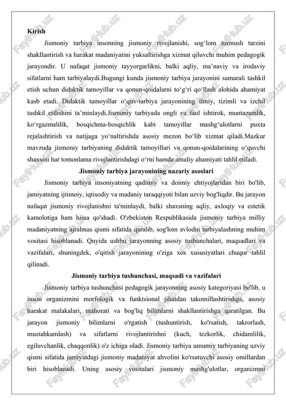 ologik va funktsional jihatdan takomillashtirishga, asosiy harakat malakalari, mahorati va bog'liq bilimlarni shakllantirishga qaratilgan. bu jarayon jismoniy bilimlarni o'rgatish (tushuntirish, ko'rsatish, takrorlash, mustahkamlash) va sifatlarni rivojlantirishni (kuch, tezkorlik, chidamlilik, egiluvchanlik, chaqqonlik) o'z ichiga oladi. jismoniy tarbiya umumiy tarbiyaning uzviy qismi sifatida jamiyatdagi jismoniy madaniyat ahvolini ko'rsatuvchi asosiy omillardan biri hisoblanadi. uning asosiy vositalari jismoniy mashg'ulotlar, organizmni chiniqtirish, mehnat va turmush gigiyenasi bo'lib, u aqliy, axloqiy, mehnat va estetik tarbiya bilan birgalikda olib boriladi. tarixiy jihatdan qaraganda, jismoniy tarbiya qadimiy davrlardan boshlab insoniyatning rivojlanishida muhim o'rin egallagan. masalan, qadimiy yunonistonda pentatlon (yugurish, sakrash, disk uloqtirish, nayza otish va kurash) orqali yoshlarni jismonan va ruhiy jihatdan tayyorlashgan. o'zbekiston hududida esa mahmud koshgariyning "devonu lug'otit turk" asarida 100 dan ortiq milliy o'yinlar tasvirlangan bo'lib, ular jismoniy tarbiyaning milliy shakllari sifatida xizmat qilgan. "alpomish", "farhod va shirin", "boburnoma" kabi epik asarlarda jangovar mashqlar va kuchlilik bahslari orqali yosh avlodni vatanparvarlik ruhida tarbiyalash ko'rsatilgan. mustaqillik …