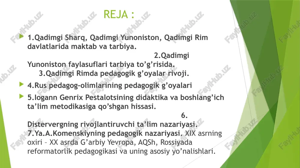 qrot er.av. (469-399y)da yashab ijod etgan. suqrotning fikricha tarbiyadan kutilgan maqsad, buyumlar tabiatini o’rganish bo’lmay, balki kishining bilim olishi, axloqni kamol toptirishi bo’lmog’i lozim edi. suqrot faylasuf bo’lishi bilan birga ajoyib notiq ham edi. u keng maydonlarda so’zga chiqib, axloqqa doir masalalar yuzasidan suhbatlar o’tkazar, tinglovchilarni savol-javob yo’li bilan haqiqatni topishlariga undar edi. suhbatning bu usuli «suqrot usuli» deb atalgan. platon platon er.av. (424-347) yillarda yashagan. u suqrotning shogirdi bo’lib «ob’ektiv idealizm» nazariyasining asoschisidir. u tanadan tashqarida mavjud bo’lgan narsalar haqidagi nazariyani ilgari suradi. uning fikricha ideal aristokratik davlat 3 xil ijtimoiy guruhlardan iborat bo’lishi, ya’ni bular: faylasuflar, jangchilar, hunarmandlar va dehqonlar guruhidan iborat bo’lishi lozim. arastu yunon faylasuf olimlaridan yana biri arastudir. u er, av. (384 -322) yillarda yashagan. arastu uch xil tarbiya ya’ni: jismoniy, axloqiy va aqliy tarbiya aqidalarni ishlab chiqib, tarbiyaning rivojlanishiga katta hissa qo’shgan. arastu birinchi bo’lib yoshni davrlarga bo’lish mezonini ishlab chiqishga uringan olimdir. axloqiy …