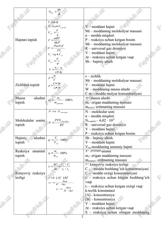asi kimyoviy reaksiya tezligi kimyoviy reaksiya tezligi c 2 – modda boshlang’ich konsentrasiyasi c 1– modda oxirgi konsentrasiyasi t2 – reaksiya uchun ketgan boshlang’ich vaqt t1 – reaksiya uchun ketgan oxirgi vaqt k-tezlik konstantasi [a] - konsentrasiya [b] – konsentrasiya v – moddani hajmi ∆t – reaksiya uchun ketgan vaqt s – reaksiya uchun olingan moddaning sirti konsentrasiyani topish sm – molyar konsentrasiya s% - foiz konsentrasiya sn – normal konsentrasiya smolyal’- molyal’ konsentrasiya t – titr konsentrasiya a – erigan modda massasi v – erituvchining massasi n – modda miqdori n – erituvchi molekulalar soni n – erigan modda molekulalar soni e – moddaning ekvivalenti s - zichlik mr – moddaning molekulyar massasi v – moddani hajmi muvozanat konstantasi km – muvozanat konstantasi a – boshlang’ich modda konsentrasiyasi v – boshlang’ich modda konsentrasiyasi s – reaksiya maxsuloti konsentrasiyasi d - reaksiya maxsuloti konsentrasiyasi bosimni topish p – reaksiya uchun …