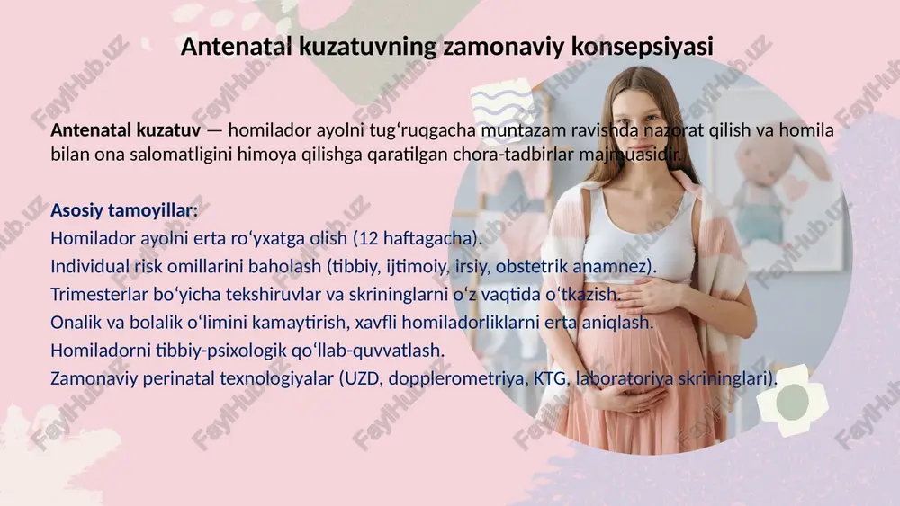 rogen, progesteron, hcg, prolaktin ko‘payadi. qon aylanishi: qon hajmi 30–40% ortadi, yurak chiqishi kuchayadi. nafas olish: nafas olish hajmi ortadi, giperventilyatsiya yuz beradi. buyrak: glomerulyar filtratsiya oshadi. ovqat hazm qilish: peristaltika sekinlashadi, qorin dam bo‘lishi, qabziyat. immun tizim: fiziologik immunosupressiya. mahalliy o‘zgarishlar: bachadon: hajmi 500 g gacha, qon ta’minoti kuchayadi. sut bezlari: kattalashadi, sut yo‘llari kengayadi. teri: striyalar, pigmentatsiya (linea nigra, cloasma). 137-sonli buyruq bilan tanishuv o‘zbekiston respublikasi ssvning 137-sonli buyrug‘i — “onalik va bolalikni muhofaza qilish, homilador ayollarni dispanser kuzatuvini tashkil etish”ga bag‘ishlangan. asosiy jihatlar: homiladorlarni erta ro‘yxatga olish tartibi. tibbiyot xodimlarining majburiy ko‘riklari (terapevt, stomatolog, lor, okulist, laboratoriya tekshiruvlari). trimesterlar bo‘yicha majburiy uzd tekshiruvlari. xavf guruhidagi ayollarni alohida kuzatish. “onalar maktabi” faoliyatini tashkil qilish. homiladorlik davrida profilaktik emlash va davolash tamoyillari. image17.png image21.png image1.png image3.png image5.png image7.png image9.png image11.png image13.png image15.png image31.svg image32.png image33.svg image34.png image35.svg image23.png image24.svg image25.jpeg image26.png image27.svg image28.png image29.svg image30.png image44.svg image45.png image46.svg image36.jpeg …
