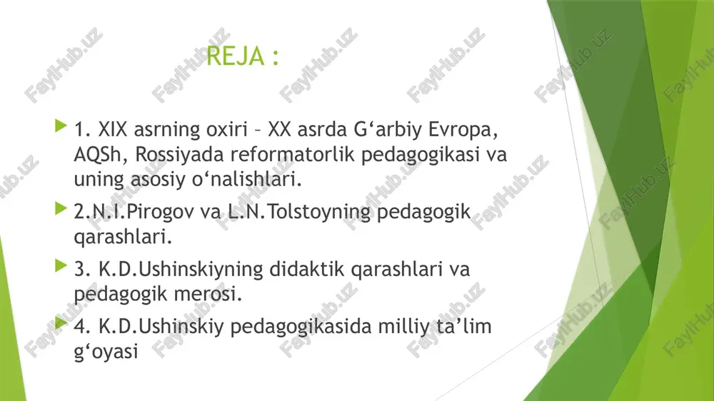 ining arab-turk va huquqshunoslik fakultetlarida o’qigan. 1851-53 yillarda kavkazda bo’lib, janglarda ishtirok etgan. tolstoy ijodi tolstoy 1855 yilda peterburgga borib, n.a.nekrasovnnng «sovremennik» («zamondosh») jurnali va jurnal atrofidagi yozuvchilar (i.s.turgenev, i.a.goncharov, n.g.chernishevskiy va boshqalar) bilan hamkorlik qilgan. birinchi yirik asari — «inson kamolotining to’rt davri» avtobiografik asari («bolalik», 1852; «o’smirlik», 1852-54; «yoshlik», 1855-57; «yigitlik», yozilmay qolgan). urush lavhalari va askarlarning maishiy turmushi tolstoyning «sevastopol hikoyalari» (1855) to’plamiga kirgan hikoya va ocherklarida o’z ifodasini topgan. k.d.ushinskiy pedagogika fani va tarbiyaning ahamiyati to’grisida k.d.ushinskiy 1824 yil 19 fevralda tula shahrida tug'ildi. ushinskiy bolalik va o'smirlik davrlarini chernigov gubernasiga qarashli novgorod-seversk shahri yaqinida bo'lgan ota-onasining katta bo'lmagan erida o'tqazadi. 22 yoshdan boshlab ushinskiy yaroslovldagi adliya liseyida ensiklopediya, qonun-shunoslik, davlat huquqi va moliya fanlari kafedrasida professorlik vazifasida ishlay boshladi. ushinskiy ijodi 1884 yilda yevropada bo'lib o'tgan inqiloblar podsho hukumatini chuchitadi. podsho hukumati shubhali kishilarni ta`qib ostiga ola boshlaydi. shu jumladan ushinskiy ham 1849 yilda liseydan …