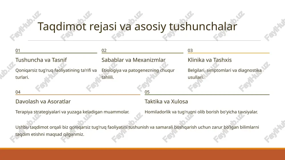 i va tashxislash usullari klinik ko'rinishi: tug'ruqning sekinlashishi yoki to'xtashi. qisqarishlarning kuchsizligi, kamligi yoki og'riqli samarasizligi. bachadonning yomon tonusi. homila boshining kirish qismining turib qolishi. homila gipoksiyasi belgilari. onada charchoq va ruhiy tushkunlik. tashxislash usullari: anamnez yig'ish va fizik tekshiruv. partogrammani yuritish (tug'ruq dinamikasini kuzatish). kardiotokografiya (ktg) – homila holatini baholash. bachadon faoliyatini to'g'ri baholash (tuxumdon ichi bosimini o'lchash). qin tekshiruvi – bachadon bo'ynining ochilish dinamikasini aniqlash. erta tashxis qo'yish onaning va homilaning sog'lig'ini saqlash uchun juda muhimdir. 5 davolash tamoyillari va strategiyalari dori terapiyasi oksitotsin va prostaglandinlar yordamida bachadon qisqarishlarini kuchaytirish. non-farmakologik yondashuvlar onani dam oldirish, suyuqlik muvozanatini tiklash, qovuqni bo'shatish. amniotomiya homila pufagini yorish tug'ruq faoliyatini kuchaytirishi mumkin. operativ tug'ruq agar dori terapiyasi samarasiz bo'lsa yoki homila xavf ostida bo'lsa, kesarcha kesish usuli qo'llaniladi. davolash usuli individual ravishda, onaning va homilaning holatiga qarab tanlanadi. 6 tug'ruq va chilla davrida yuzaga keladigan asoratlar tug'ruq paytidagi asoratlar homila gipoksiyasi va …