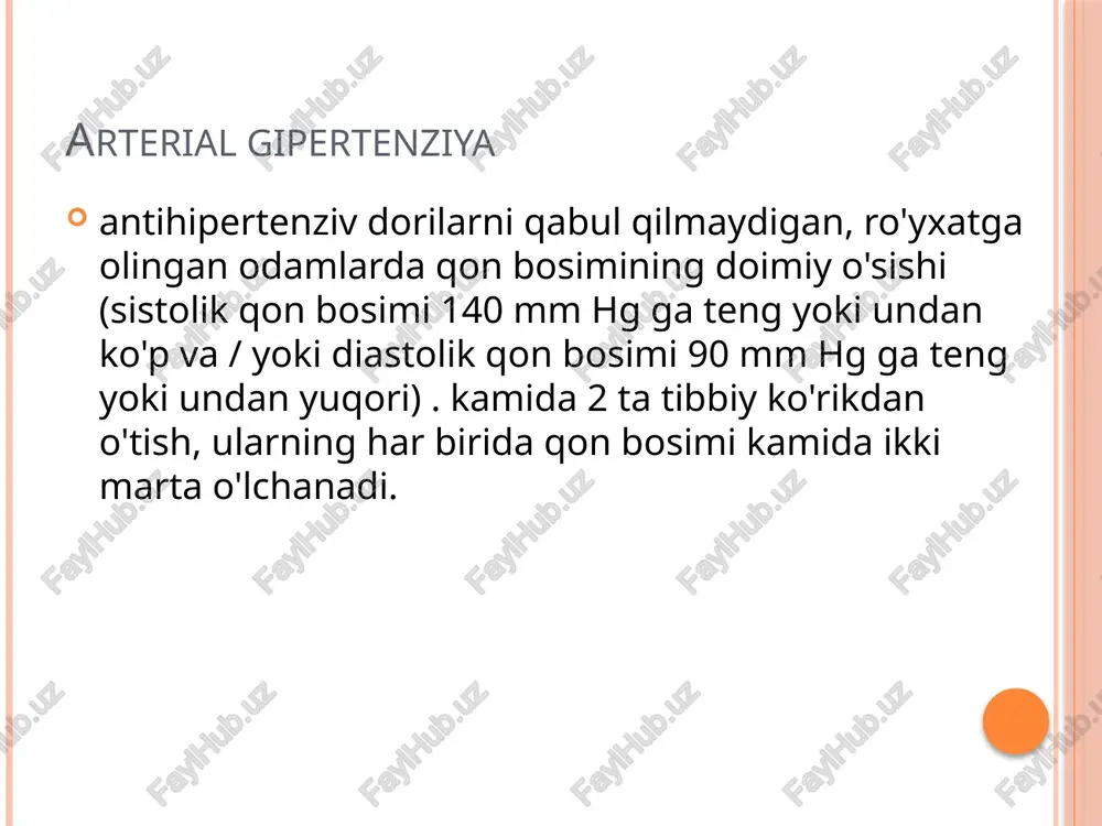 ertenziv faolligini isbotladi. yon effektlar: • hiponatremi (asteniya, ortostatik gipotenziya, uyquchanlik, ko'ngil aynishi, qusish); • gipokaliemiya (mushaklarning kuchsizligi, ich qotishi, anoreksiya , ekg o'zgarishi); • giperkalemiya (asteniya, noqulaylik, og'izda metall ta'mi, paresteziya, hushidan ketish, bradikardiya, o'zgarishlar ekg); • gipomagnezemiya (aritmiya, disfagiya , gemolitik anemiya ) b -blokerlar foydalanish uchun ko'rsatmalar: sistolik qon bosimining oshishi, taxikardiya, gb va angina pektorisining kombinatsiyasi qo'llash mumkin bo'lmagan holatlar: • bradikardiya (yurak tezligi daqiqada 50 dan kam); • bronxo- obstruktiv sindrom; sinus sindromi ; av o'tkazuvchanligini buzish . mutlaq kontrendikatsiyalar: • buzilgan glyukoza bardoshlik (dm); • giperlipidemiya ; • periferik arteriyalarning mag'lubiyati. dori vositalari: atenolol , nadolol , propranolol , betalok , betaksolol , spemkor , kordan b-blokerlarni qo'llash natijasida qon bosimining pasayishi yurak ishini inhibe qilish, yurak-qon tomir faoliyatini tartibga solish uchun subkortikal markazlarni inhibe qilish va renin ajralishining pasayishi bilan bog'liq. yon effektlar: • yurak- qon tomir (ritm va o'tkazuvchanlikning buzilishi, arterial gipertenziya, …