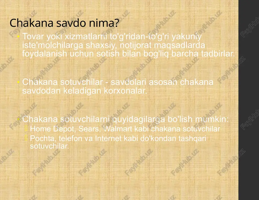 ilimli sotuvchilarga ega tor mahsulot qatoriga ega bo'lgan ixtisoslashgan do'konlardir. mahsulot liniyasi sotilgan. ixtisoslashgan do'konlar tor mahsulot turlarini olib boradi. univermak do'konlarida turli xil liniyalar mavjud. supermarketlarda oziq-ovqat, kir yuvish va uy-ro'zg'or buyumlari uchun arzon, katta hajmli, o'z-o'ziga xizmat ko'rsatish mavjud. do'konlar - bu yuqori aylanma tovarlarning cheklangan qatorini olib yuradigan kichik birliklar. superdo'konlar, kombinatsiyalangan do'konlar va gipermarketlar boshqa yo'nalishlar va/ruda xizmatlarini taklif qiluvchi supermarketlarning kattaroq versiyalaridagi o'zgarishlardir. nisbiy narxlar. chegirmali do'konlar standart tovarlarni arzonroq narxlarda sotadilar, bu esa pastroq marjani qabul qilish va yuqori hajmlarni sotishdir. narxdan tashqari sotuvchilar oddiy ulgurjidan pastroq narxda sotib oladilar va oddiy chakana savdoda sotadilar. narxlari past bo'lgan uchta yirik chakana sotuvchilar quyidagilardir: ishlab chiqaruvchilarga tegishli bo'lgan va boshqariladigan zavod savdo nuqtalari ; tadbirkorlar yoki yirik korporatsiyalarning bo'linmalariga tegishli bo'lgan mustaqil shaxslar; va to'lovchi a'zolarga chuqur chegirmali tovarlarni sotadigan ulgurji klublar . katalog ko'rgazma zallari yuqori baholi, tez harakatlanuvchi brend nomlarini chegirmali narxlarda sotadi. …
