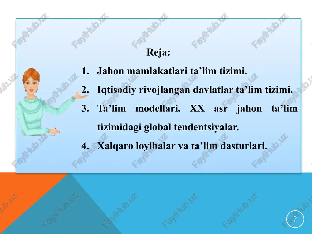 ta ko’rib chiqilgan. txst milliy va xalqaro miqiyosda ta’lim statiskasini to’plash va taqdim etish vositasi bo’lib xizmat qiladi. ushbu hujjat dunyo bo’ylab ta’lim tizimidagi yangiliklarni aniqroq aks ettirish uchun vaqti-vaqti bilan yangilanib turadi. txst - bu xalqaro ta’lim standart klassifikatsiyasi 7 2011yilda xtsk (xalqaro ta’lim standart klassifikatsiyasi) yangilandi. 0-kichik yoshgacha bo’lgan bolalar-0-7 yoshgacha-o’qish davomiyligi-6-7 yil 1-boshlang’ch ta’lim-5-7 yosh- o’qish davomiyligi-4-7 yil 2-o’rta ta’limning 1-bosqichi-10-13 yosh-5 yil 3- o’rta ta’limning 2-bosqichi-14-16 yosh-2-3 yil 4-o’rta professional ta’lim-16-18 yosh-1-4 yil 5-o’rta professional ta’lim ( uchlamchi ta’lim)-16-18 yosh-1-4 yil 6-bakalavr yoki uning ekvivalenti -yoshi cheklanmagan-3-4 yil 7-magistratura yoki uning ekvivalenti-cheklanmagan-5 yildan kam bo’lmagan 8- doktarantura yoki uning ekvivalenti-cheklanmagan-3 yildan kam bo’lmagan. 8 birinchi turga integrasion jarayon generatorlari hisoblangan regionlar kiradi. bunday regionga eng yorqin misol sifatida g’arbiy yevropani keltirish mumkin. birlik g’oyasi 1990 yillardan g’arbiy yevropa davlatlarida ta’lim islohotlarining asosiga aylandi. birinchi turga mansub regionlarga shuningdek, aqsh va kanada kabilarni ham kiritish mumkin. jahonda …