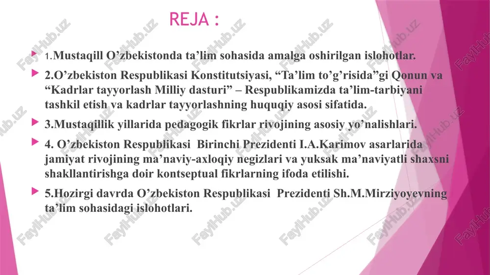 ta’limi vazirligi faoliyatini takomillashtirish to’g’risida, o’zbekiston respublikasi prezidentining 2107y 8-avgustdagi pq-3180-son qarori adabiyotlar: 10.“maktabgacha ta'lim tizimi boshqaruvini tubdan takomillashtirish chora-tadbirlari to‘g‘risida” o‘zbekiston respublikasi prezidentining 2017 yil, 30 sentyabrdagi pf-5198 farmoni . 11. «o‘zbekiston respublikasi xalq ta'limi vazirligi faoliyatini takomillashtirish to‘g‘risida» o‘zbekiston respublikasi prezidentining 2017 yil, 30 sentyabrdagi pq-3304 qarori 12.«o‘zbekiston respublikasi maktabgacha ta'lim vazirligi faoliyatini tashkil etish to‘g‘risida» o‘zbekiston respublikasi prezidentining 2017 yil 30-sentyabrdagi pq-3305 qarori. 13. «umumiy o‘rta, o‘rta maxsus va kasb-hunar ta'limi tizimini tubdan takomil-lashtirish chora-tadbirlari to‘g‘risida» o‘zbekiston respublikasi prezidentining 2018 yil 25-yanvardagi pf-5313 qarori 14. «umumiy o‘rta ta'lim muassasalarining 10-11-sinflari o‘quvchilariga kasbiy ta'lim berishga ixtisoslashgan o‘quv-ishlab chiqarish majmualarini tashkil etish chora-tadbirlari to‘g‘risida»gi o‘zbekiston respublikasi vazirlar mahkamasining 2017 yil 24-oktyabrdagi 868-sonli qarori. 15. karimov i.a. «jamiyatimiz mafkurasi xalqni-xalq, millatni-millat qilishga xizmat etsin». «tafakkur» jurnali. -t.: o‘zbekiston.1998. № 2. 16.b.x xodjayev b.x.umumiy pedagogika nazariyasi va amaliyoti.darslik.-toshkent,- “sano standart” nashriyoti, 2017 yil tayanch tushunchalar: istiqlol, islohot, kadrlar tayyorlash milliy dasturi, …