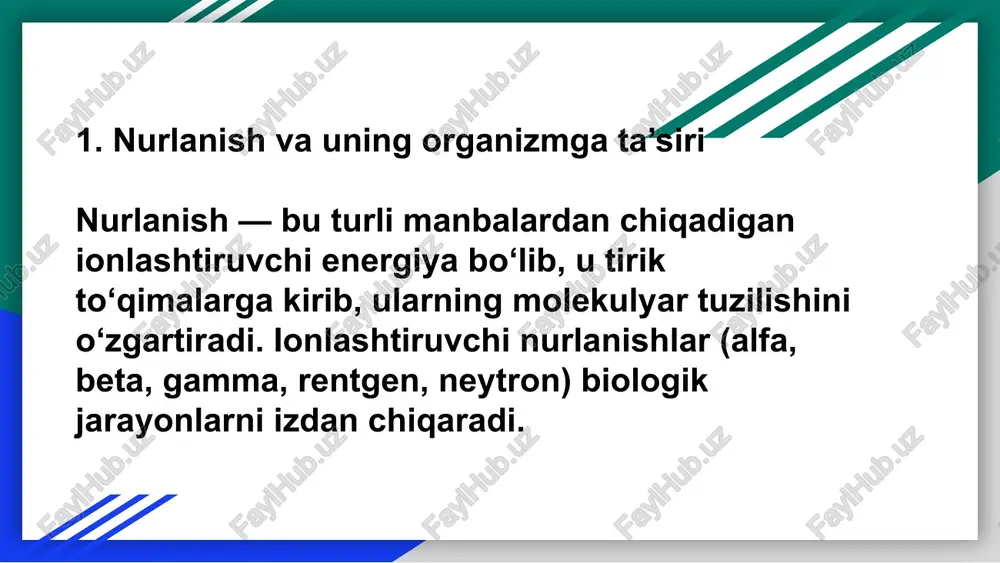 sil qilib, erkin radikallar paydo qiladi. ular hujayra molekulalariga hujum qilib, ularning tuzilishini buzadi. 2.tóla nurlanish oqibatida yuzaga keladigan biologik ózgarish molekulyar darajadagi o‘zgarishlar to‘la nurlanish ta’sirida eng avvalo dnk, rnk, oqsil va fermentlar zararlanadi. dnk zanjirining uzilishi – genetik axborot buziladi, hujayra bo‘linish qobiliyatini yo‘qotadi. oqsil va fermentlar denaturatsiyasi – hujayraning normal hayot faoliyati to‘xtaydi. erkin radikallar (h·, oh·) hujayra membranasini parchalaydi. lipid peroksidlanish jarayoni boshlanadi – bu hujayra nobud bo‘lishiga olib keladi. hujayra darajasidagi o‘zgarishlar ionlashtiruvchi nurlanishdan so‘ng hujayra darajasida quyidagi jarayonlar kuzatiladi: hujayra yadrosi kattalashadi, xromatin parchalanadi. sitoplazma shishadi, organoidlar (mitoxondriya, endoplazmatik tarmoq) faoliyatini yo‘qotadi. hujayra bo‘linishi sekinlashadi yoki butunlay to‘xtaydi. ba’zi hujayralarda mutatsiyalar yuz beradi (irsiy o‘zgarishlar). to‘qima va a’zolar darajasidagi o‘zgarishlar to‘la nurlanishda organizmdagi barcha tizimlar zararlanadi, lekin eng sezgir to‘qimalar quyidagilardir: 🩸 qon hosil qiluvchi tizim (suyak ko‘migi) leykotsit, eritrotsit va trombotsitlar soni kamayadi. qon ivish jarayoni buziladi. immunitet pasayadi — organizm infektsiyalarga bardoshliligi …