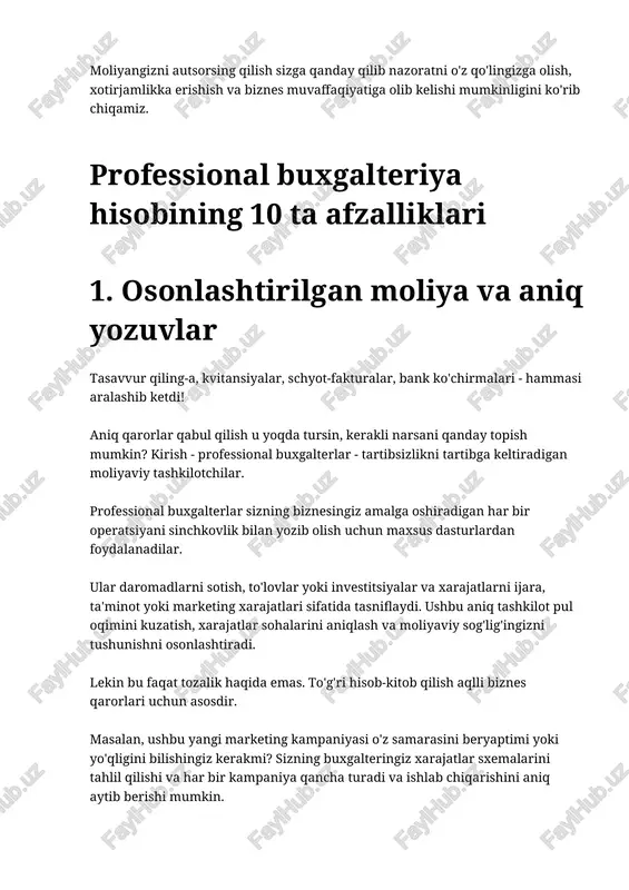 nal buxgalterlar sizning biznesingiz amalga oshiradigan har bir operatsiyani sinchkovlik bilan yozib olish uchun maxsus dasturlardan foydalanadilar. ular daromadlarni sotish, to'lovlar yoki investitsiyalar va xarajatlarni ijara, ta'minot yoki marketing xarajatlari sifatida tasniflaydi. ushbu aniq tashkilot pul oqimini kuzatish, xarajatlar sohalarini aniqlash va moliyaviy sog'lig'ingizni tushunishni osonlashtiradi. lekin bu faqat tozalik haqida emas. to'g'ri hisob-kitob qilish aqlli biznes qarorlari uchun asosdir. masalan, ushbu yangi marketing kampaniyasi o'z samarasini beryaptimi yoki yo'qligini bilishingiz kerakmi? sizning buxgalteringiz xarajatlar sxemalarini tahlil qilishi va har bir kampaniya qancha turadi va ishlab chiqarishini aniq aytib berishi mumkin. yoki biznesingizni kengaytirish haqida o'ylaysizmi? professional buxgalteringizdan olingan aniq moliyaviy ma'lumotlar sizga real byudjet va prognozlarni yaratishga yordam beradi. endi taxmin qilishning hojati yo'q, muvaffaqiyatga erishish uchun faqat aniq moliyaviy yo'nalish. 2. asosiy biznes faoliyatiga e'tibor qaratish uchun tejalgan vaqt keling, tan olaylik, tadbirkor sifatida sizning vaqtingiz oltindir — har bir daqiqa yangi g‘oyalarni o‘ylab topish, bitimlar tuzish va …