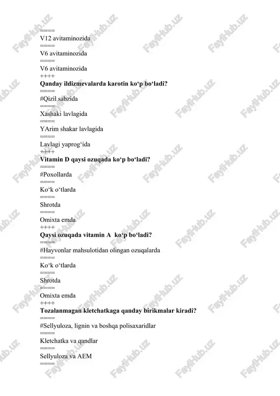 proteinlar ==== uglevodlar, proteinlar, makro elementlar ==== qandlar, kraxmallar, oqsillar ==== proteinlar, polisaxaridlar mikroelementlar ++++ necha k.kalloriya 1000 kj a.e. ga teng? ==== #238,8 k.kalloriya = 1000 kj a.e. ==== 100 k.kall = 1000 kj a.e. ==== 425,6 k.kall = 1000 kj a.e. ==== 450 k.kall = 1000 kj a.e. ++++ me’daning qaysi bo‘limidan kavsh qaytarish jarayonida ozuqa luqmasi og‘iz bo‘shlig‘iga kelib tushadi? ==== #katta qorindan ==== me’daning fundal qismidan ==== me’daning pilorik qismidan ==== me’daning kardial qismidan ++++ qaysi hayvonlarda kaprofagiya hodisasi uchraydi? ==== #quyonlarda ==== cho‘chqalarda ==== parrandalarda ==== qoramollarda ++++ 1 kg sulining yog‘ hosil qilish qobiliyati necha grammga teng? ==== #150 g yog‘ ==== 140 g yog‘ ==== 130 g yog‘ ==== 135 g yog‘ ++++ tozalanmagan proteinni topish uchun ozuqadagi azot miqdorini qanday koeffitsientga ko‘paytiriladi? ==== #6,25 ==== 6,1 ==== 6,0 ==== 5,91 ++++ o‘rtacha protein tarkibida necha % n bo‘ladi? ==== #16 ==== 18 …
