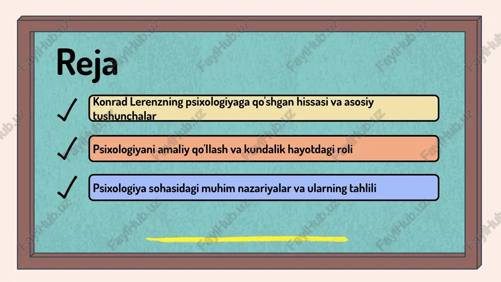 uchun doimiy o'z-o'zini o'rganish muhim. o'z-o'zini anglash rivojlanishi o'z-o'zini tahlil qilish va tajribalar orqali yuzaga keladi. bu terapiyada shaxsiy o'sishni ta'minlaydi va muhim shartdir. lerenzning fikriga ko'ra, bu shaxsning mustahkamligini oshiradi. psixologik rivojlanish lerenzning nazariyasiga ko'ra, psixologik rivojlanish bosqichlarga bo'lingan. har bir bosqich shaxsiyat, ijtimoiy ko'nikma va emotsional barqarorlikni shakllantiradi. ushbu bosqichlar shaxsiy rivojlanishda muhim rol o'ynaydi. lerenzning nazariyasiga ko'ra, to'g'ri rivojlanish shaxsni mukammallikka olib keladi va ijtimoiy hayotda muvaffaqiyatga erishish uchun asos bo'ladi. 1 2 lerenzning merosi konrad lerenz psixologiya sohasiga katta hissa qo'shgan olimdir. uning nazariyalari inson psixikasini tushunishga asoslangan bo'lib, zamonaviy psixologiyada keng qo'llaniladi. lerenzning ishlari inson ruhiyatining murakkab tuzilishini ochib berdi va uning merosi psixologik metodologiya va tadqiqotlarga ta'sir qilmoqda. psixologiyaning amaliy qo'llanilishi psixologiya kundalik hayotda keng qo'llaniladi, masalan, ta'limda o'quvchilarning motivatsiyasini oshirishda, ish joyida motivatsiya va muomala uslublarini aniqlashda, shuningdek, psixologik muammolarni hal etishda yordam beradi. turli sohalarda psixologiyaning roli muhim: sog'liqni saqlashda ruhiy holatni …