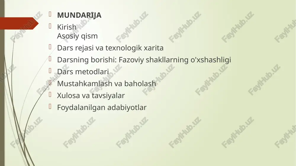 foydalanib o`qitish fani: geometriya sinf: 9-sinf dars turi: yangi bilim beruvchi dars shakli: amaliy va interaktiv metodlar: kashfiyot, loyihalash, guruhli ish, savol-javob darsning maqsadi: fazoviy shakllarning o'xshashligi tushunchasini o'rgatish o'xshashlik mezonlarini amaliy mashg'ulotlar orqali tushuntirish o'quvchilarda fazoviy tafakkur va o'lchash ko'nikmalarini rivojlantirish tarbiyaviy maqsad: ishchanlik, diqqat va tartib-intizomni shakllantirish hamkorlikda ishlash qobiliyatini oshirish aniq va puxta ishlash malakasini rivojlantirish rivojlantiruvchi maqsad: mantiqiy fikrlash, kuzatish va tahlil qilish qobiliyatlarini rivojlantirish amaliy vazifalarni bajarish orqali bilimlarni hayotga tatbiq etish kutilayotgan natijalar: dars yakunida o'quvchi: fazoviy shakllarning o'xshashligi tushunchasini tushunadi o'xshashlik mezonlarini amaliy topshiriqlarda qo'llay oladi shakllarning nisbatlarini hisoblab, ularni solishtira oladi darsda foydalaniladigan jihozlar: geometrik shakllar modellari (kub, sfera, piramida, prizma) o'lchagichlar, lenta, sirkul ish varaqalari projektor va elektron doska geogebra dasturi darsning borishi: fazoviy shakllarning o'xshashligi fazoviy shakllar o'xshash deyiladi, agar: ularning mos burchaklari teng bo'lsa mos tomonlari nisbati proporsional bo'lsa o'xshashlik mezonlari: ikki burchagi mos ravishda teng bo'lgan uchburchaklar o'xshash …