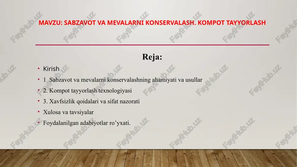 holatda ishlatiladi. kompot tayyorlash texnologiyasi kompot – meva va rezavorlardan tayyorlanadigan, shirin siropli, mazali va foydali ichimlikdir. uni tayyorlash jarayoni oddiy bo‘lib, asosan sterilizatsiya qilingan shisha bankalarda uzoq muddat saqlanadi. to‘g‘ri tayyorlangan kompot qishda ham inson salomatligi uchun zarur bo‘lgan vitaminlarga boy ichimlik sifatida iste’mol qilinadi. 1. meva va sabzavotlarni saralash, yuvish va tayyorlash kompot tayyorlashda faqat pishgan, lekin chirib qolmagan, shikastlanmagan mevalardan foydalaniladi. mevalar yaxshilab suvda yuviladi, zarur hollarda po‘sti artib olinadi. yirik mevalar (olma, nok, shaftoli) bo‘laklarga kesiladi, kichik mevalar (gilos, olcha, uzum, qora smorodina) esa butun holda ishlatiladi. zarur hollarda urug‘lari va danaklari olinadi. 2. bankalarni sterilizatsiya qilish kompot uzoq saqlanishi uchun shisha idish (banka) va metall qopqoqlar toza bo‘lishi shart. bankalar issiq suvda yuviladi va keyin qaynayotgan suvda 10–15 daqiqa qaynatib sterilizatsiya qilinadi. qopqoqlar ham alohida qaynatib tozalanadi. 3. shakar siropini tayyorlash sirop suv va shakar aralashmasidan tayyorlanadi. odatda 1 litr suvga 250–300 g shakar solinadi …