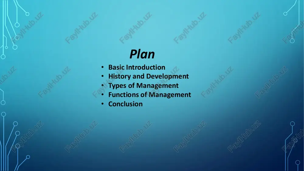 ins, s. p. & coulter, m. (2018) management. pearson education •wikipedia – management •www.managementstudyguide.com thanks! slide 1 slide 2 slide 3 slide 4: understanding management slide 5: history and development slide 6 slide 7: functions of management slide 8 slide 9 slide 10 slide 11: references slide 12