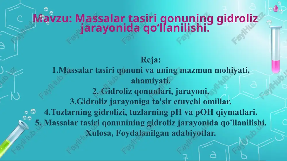uz. kuchli kislota bilan kuchsiz asos(nh4oh, mg(oh)2,, cu(oh)2, fe(oh)2 fe(oh)3, co(oh)2, ni(oh)2, al(oh) 3 ,cr(oh)3 , mn(oh)2, zn(oh)2, pb(oh)2, sn(oh)2, sb(oh)3, bi(oh)3)dan hosil bo’lgan tuz. 5 tuz tarkibidgi kation va anionning tabiatiga ko`ra gidroliz asosan uch xil bo`ladi. 1.kationlararo gidrolizlanish 2.anionlararo gidrolizlaninsh 3.ham kationlararo ham anionlararo gidrolizlanish. 6 .. gidroliz jarayoniga ta’sir etuvchi omillar. kuchaytirishi omillar. gidrolizni kuchaytiradigan omillar; - suv qo’shih – tuzni gidrolizini ta’minlovchi agent bu suv, uning miqdori qanchalik ko’p bo’lsa, gidroliz ham shuncha kuchli bo’ladi - temperaturani oshirish –chunki temperatura ta’sirida molekulalar harakatitezlashib xalqimiz tili bilan aytg anda “bo’ladigan ish tezroq bo’ladi”. - gidroliz muhitiga teskari muhit hosil qiladigan modda qo’shish. bunda gidroliz jarayonida hosil bo’ladigan h+ yoki oh- ionlari qo’shilgan modda bilan qisman neytrallashib, muhitdan chiqib ketadi va le shatelye prinsipiga muvofiq “muvozanatda turgan sistemaga qandaydir omil ta’sir etsa, sistema shu ta’sir kuchi kamayadigan tomonga siljiydi”. 7 gidroliz jarayonini susaytiruvchi omillar. gidrolizni susaytiradigan omillar; - …