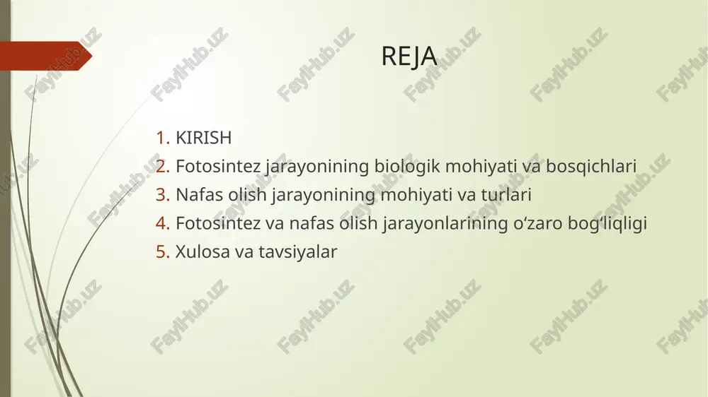 lari rivojlanadi. fotosintez va nafas olish jarayonlarining o‘zaro bog‘liqligini tizimli tahlil qilish qobiliyati mustahkamlanadi. maqsad: o‘quvchilarda mavzuga nisbatan qiziqish uyg‘otish, mavjud bilimlarini faollashtirish. o‘qituvchi faoliyati: • quyidagi savollar orqali o‘quvchilarni o‘ylashga undaydi: o “o‘simliklar oziqni qayerdan oladi?” o “quyosh nuri o‘simlik uchun nima beradi?” o “agar quyosh nuri bo‘lmasa, o‘simlik yashay oladimi?” • o‘simlik bargi, quyosh nuri va suv tasvirlangan rasmlar yoki videoni namoyish qiladi. • dars mavzusini e’lon qiladi: • “bugun biz fotosintez jarayonining biologik mohiyati va bosqichlarini o‘rganamiz.” o‘quvchi faoliyati: • fikr yuritadilar, o‘z bilimlarini aytadilar. • dars mavzusini aniqlaydilar. natija: o‘quvchilarda fotosintez haqidagi dastlabki tushunchalar faollashadi, mavzuga bo‘lgan qiziqish ortadi. darsning borishi (5e modeli asosida) maqsad: o‘quvchilarni kuzatish, tajriba va tahlil orqali yangi ma’lumotga tayyorlash. o‘qituvchi faoliyati: • “fotosintezda nimalar ishtirok etadi?” savoli bilan guruhlar o‘rtasida “aqliy hujum” o‘tkazadi. • har bir guruhga quyidagi topshiriqlarni beradi: 1. 1-guruh – “fotosintez uchun zarur shartlar” 2. 2-guruh – “fotosintezda …