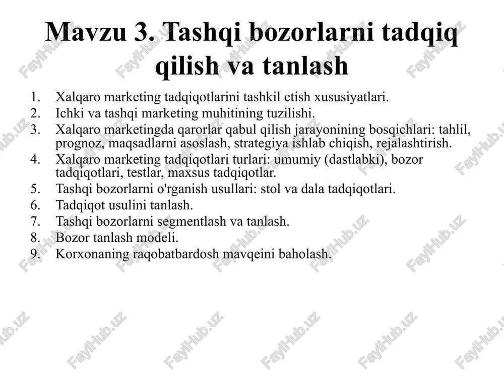 rijiy biznesning ortib borayotgan xavfi va ushbu biznesni amalga oshirish uchun zarur bo'lgan ma'lumotlar miqdori xalqaro marketing tadqiqotlarining xususiyatlari, maqsadlari va predmetini bilish va hisobga olishni talab qiladi. ushbu xususiyatlar uchta asosiy omil bilan belgilanadi: atrof-muhit sharoitlari; bozor ishtirokchilari (raqobatchilar, xaridorlar, vositachilar) munosabatlari turli mamlakatlar bozorlarida doimiy o'zgarib turadigan sharoitlarda qo'llaniladigan marketing vositalari harakatining noaniqligi. xalqaro bozor sub'ektlari ichki (ichki) va tashqi (tashqi) muhit sharoitlarini hisobga olishlari kerak. ichki muhit firmalar faoliyatini xalqaro bozorga chiqishdan oldin shakllantiradi va tuzatadi. u taqdim etiladi: boshqariladigan omillar (mahsulot, narx, tariflar, tarqatish va rag'batlantirish kanallari, sotishni rag'batlantirish); ular ma'lum darajada firma tomonidan boshqariladi; boshqarilmaydigan boshqarib bo'lmaydigan omillar (iqtisodiy iqlim, siyosiy kuchlar, raqobat tuzilishi, jamiyatning ijtimoiy holati), ya'ni. ular hozirgidek qabul qilinishi kerak. 3.2. ichki va tashqi marketing muhitining tuzilishi. tashqi muhitning boshqariladigan omillari (eksport tovarlari, xalqaro narx, tariflar, taqsimlash va tarqatish kanallari, talabni shakllantirish va sotishni rag'batlantirish, jamoatchilik fikrini shakllantirish); boshqarib bo'lmaydigan omillar (mahalliy …
